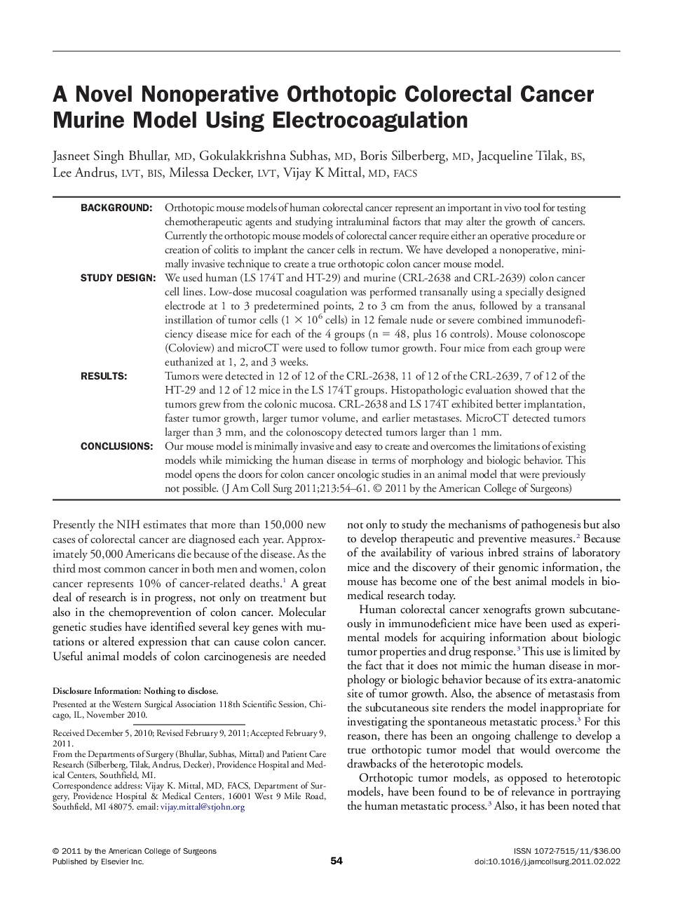 A Novel Nonoperative Orthotopic Colorectal Cancer Murine Model Using Electrocoagulation 