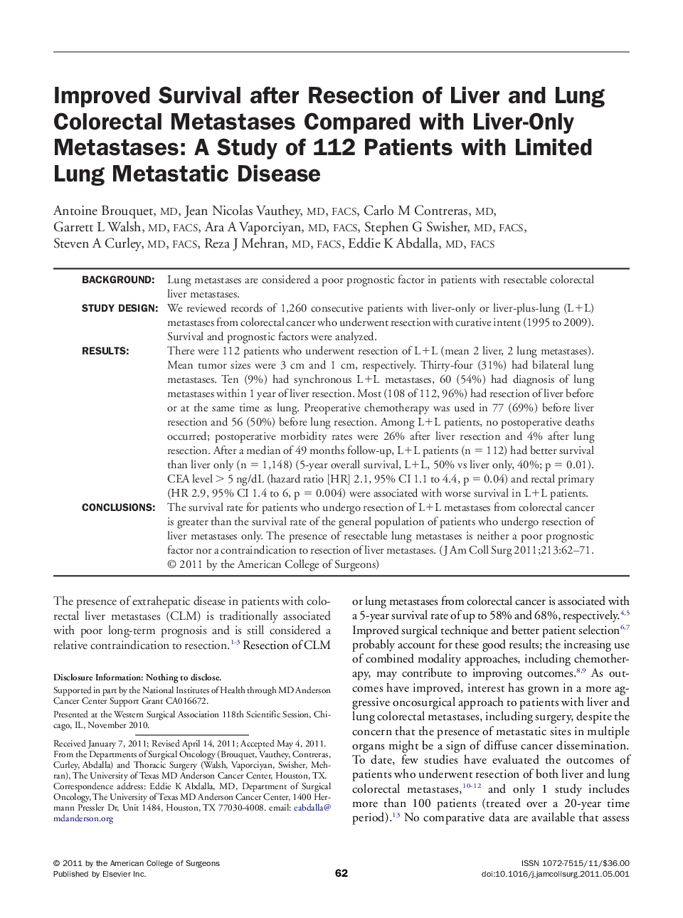 Improved Survival after Resection of Liver and Lung Colorectal Metastases Compared with Liver-Only Metastases: A Study of 112 Patients with Limited Lung Metastatic Disease 