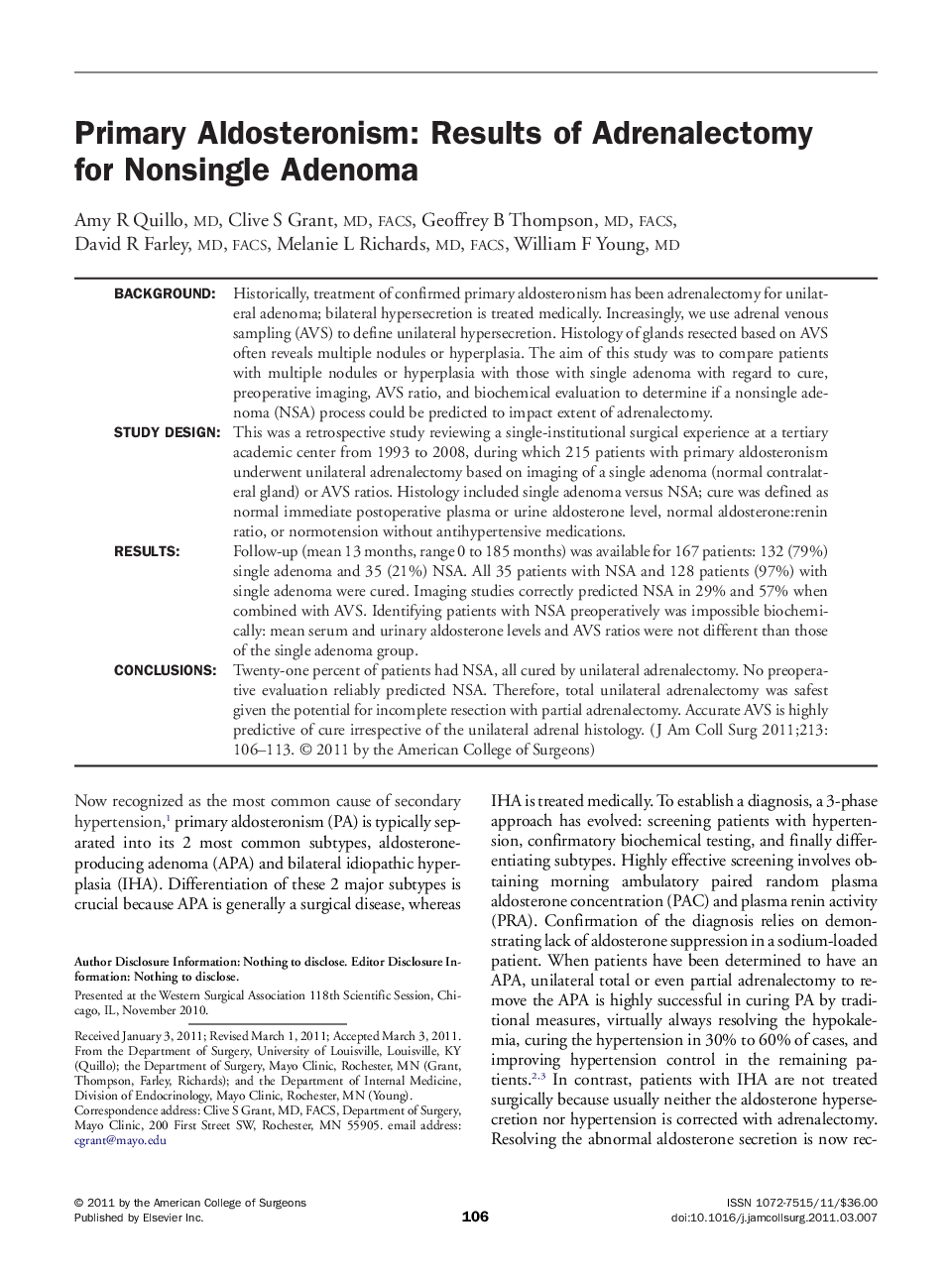 Primary Aldosteronism: Results of Adrenalectomy for Nonsingle Adenoma 