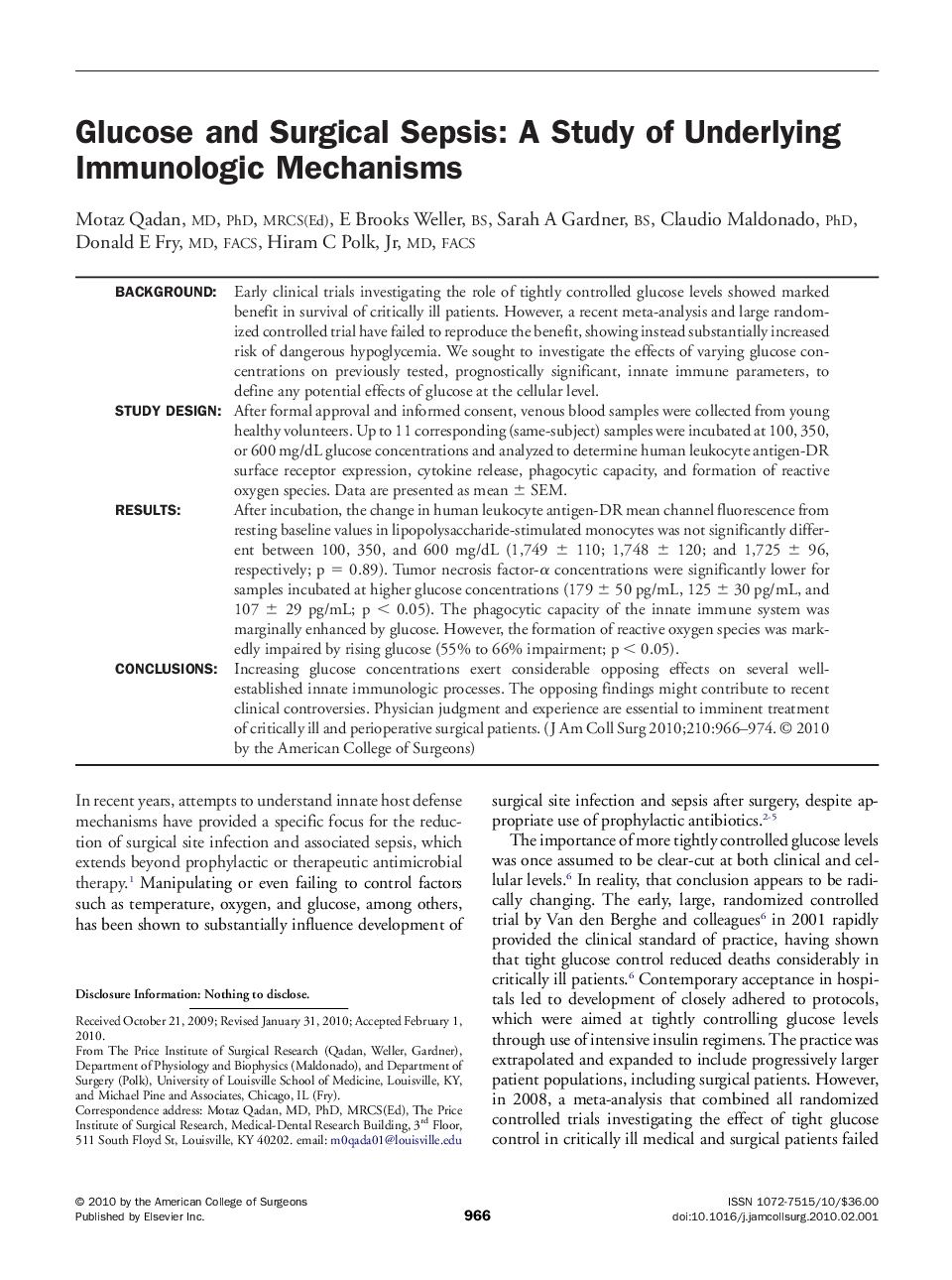 Glucose and Surgical Sepsis: A Study of Underlying Immunologic Mechanisms 