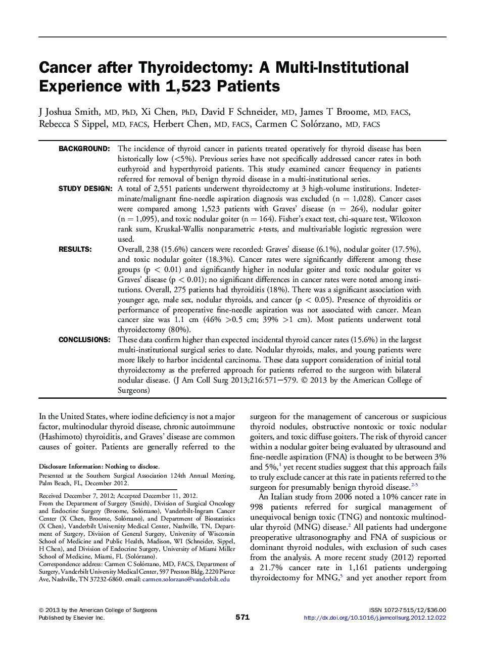 Cancer after Thyroidectomy: A Multi-Institutional Experience with 1,523 Patients 