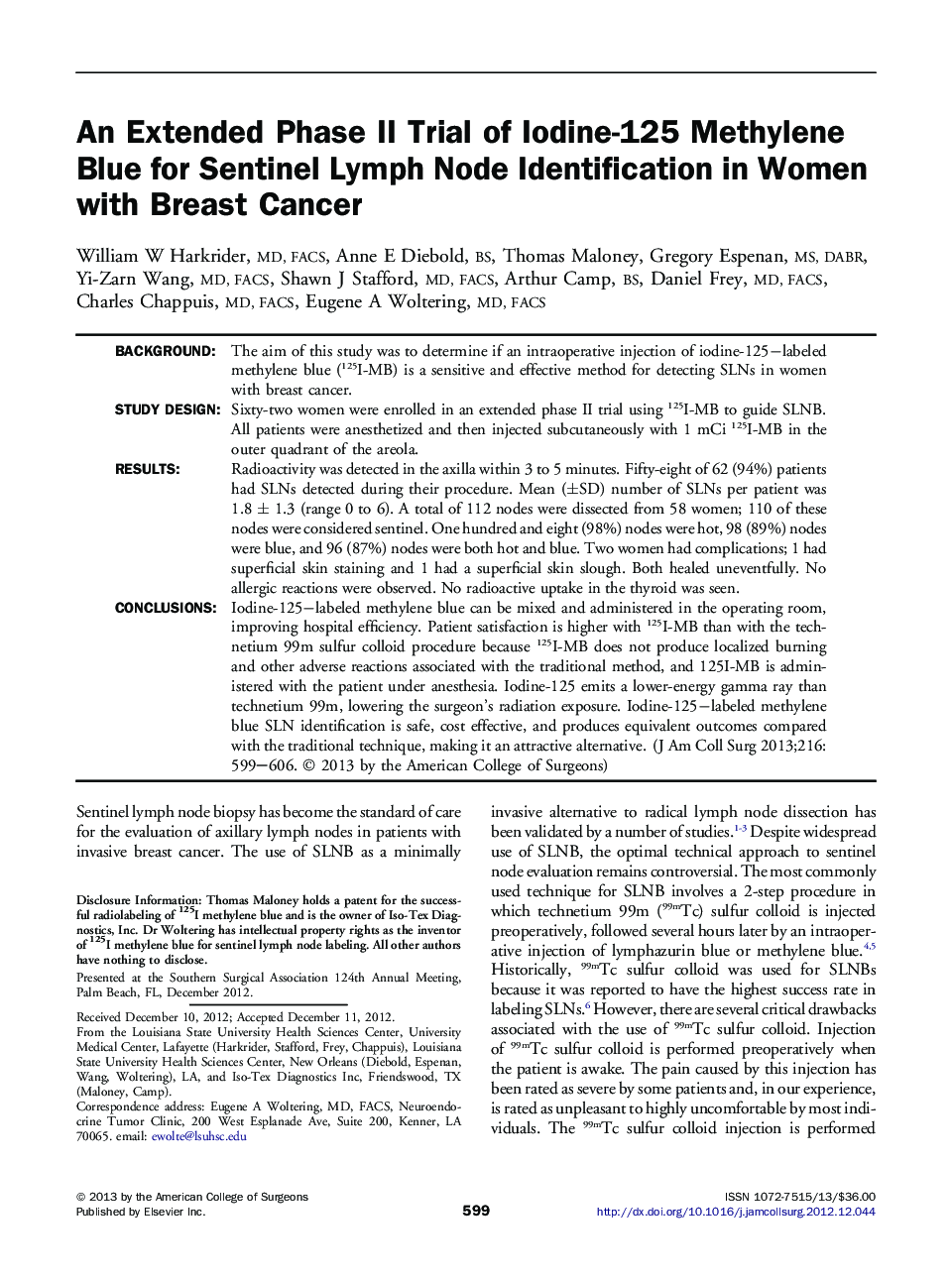 An Extended Phase II Trial of Iodine-125 Methylene Blue for Sentinel Lymph Node Identification in Women with Breast Cancer 