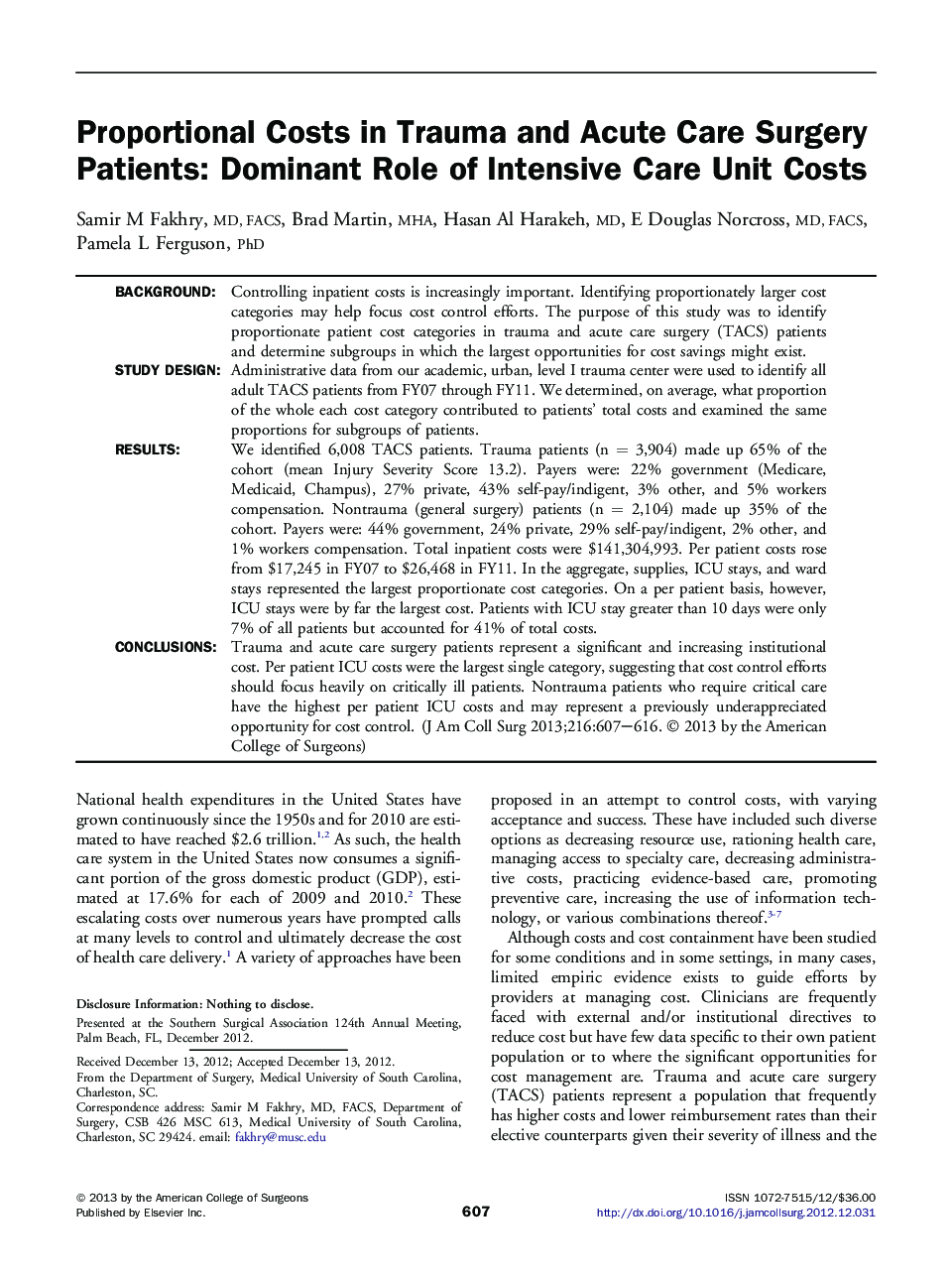 Proportional Costs in Trauma and Acute Care Surgery Patients: Dominant Role of Intensive Care Unit Costs 