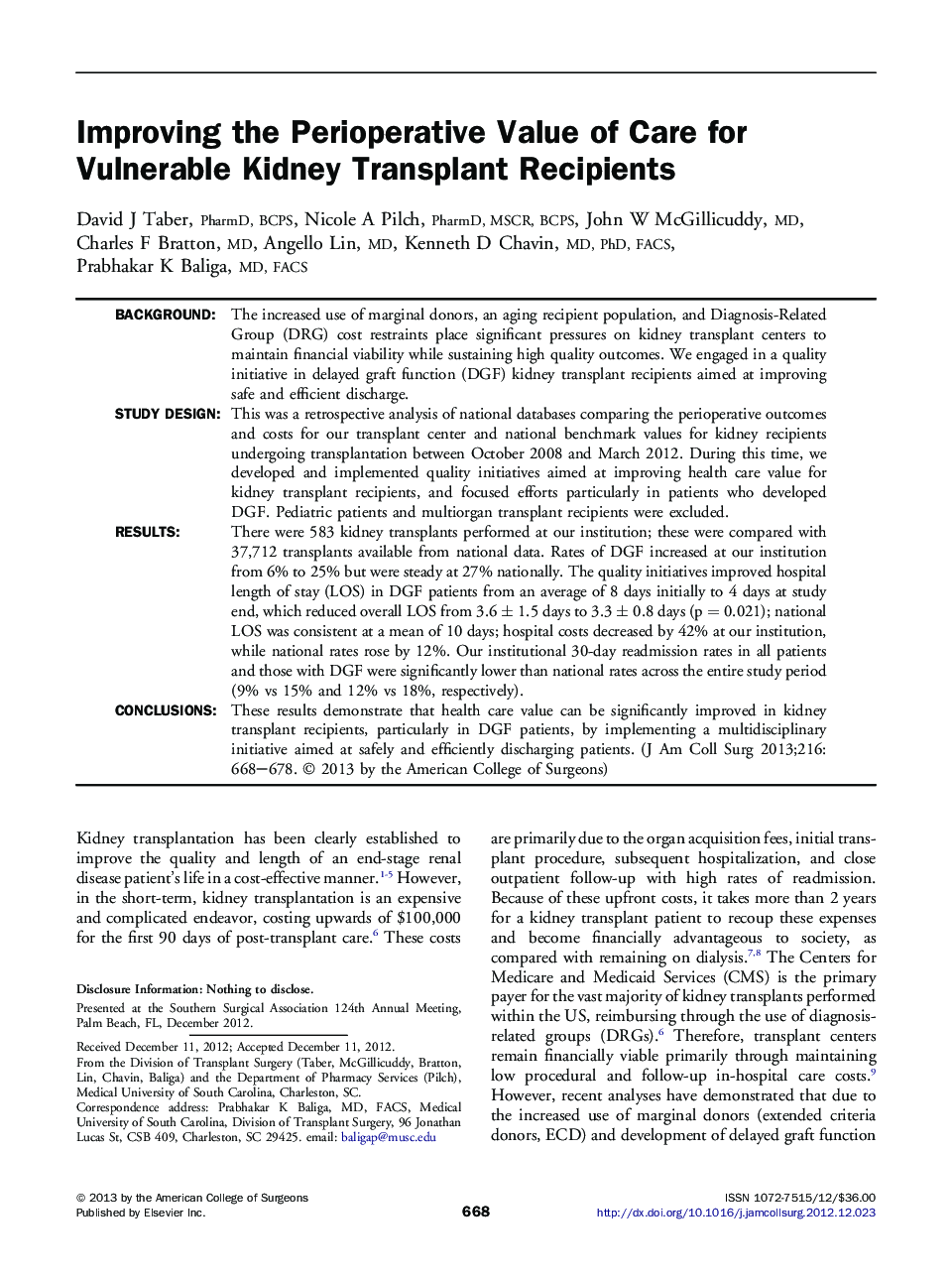Improving the Perioperative Value of Care for Vulnerable Kidney Transplant Recipients 