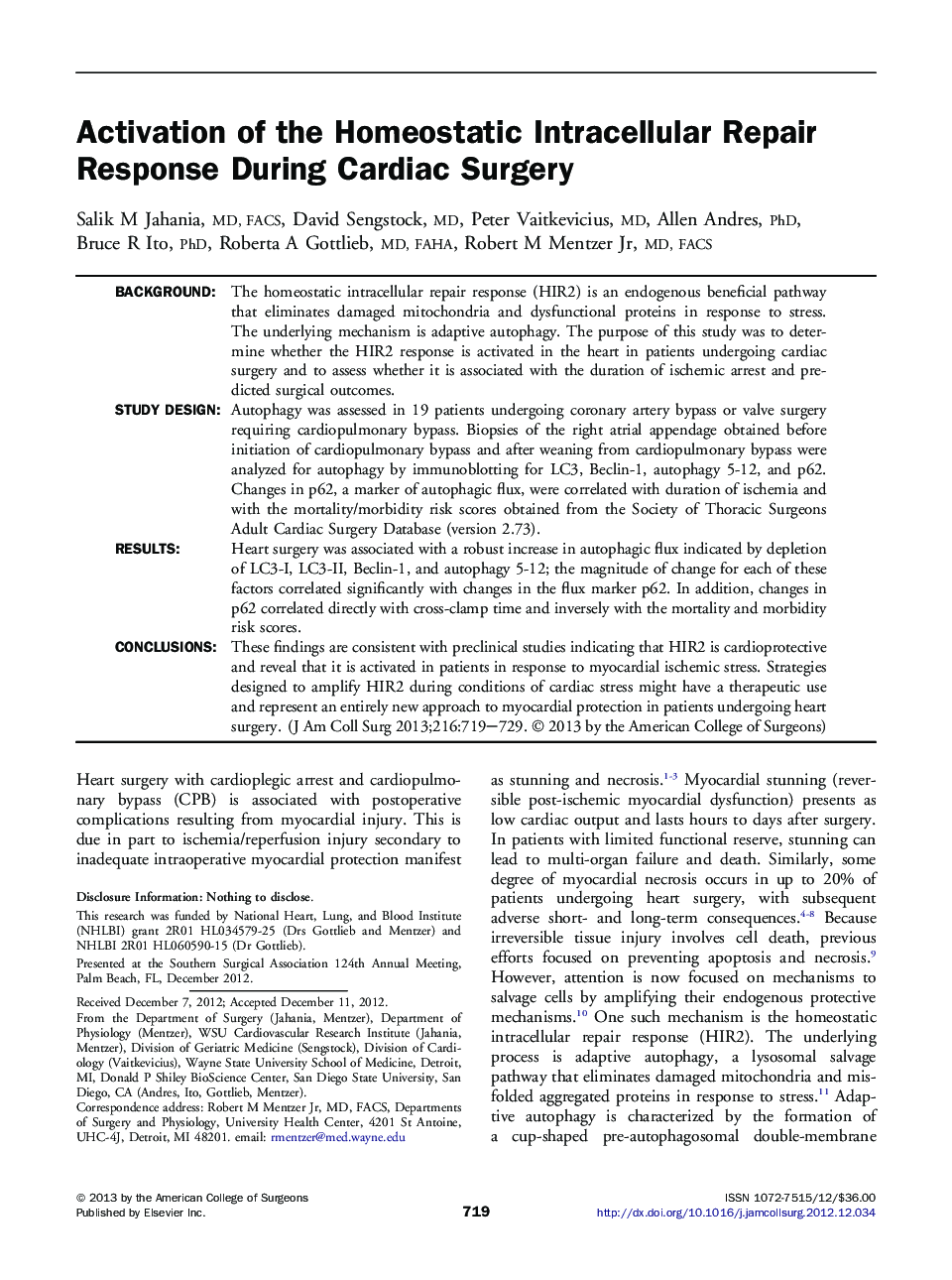 Activation of the Homeostatic Intracellular Repair Response During Cardiac Surgery 