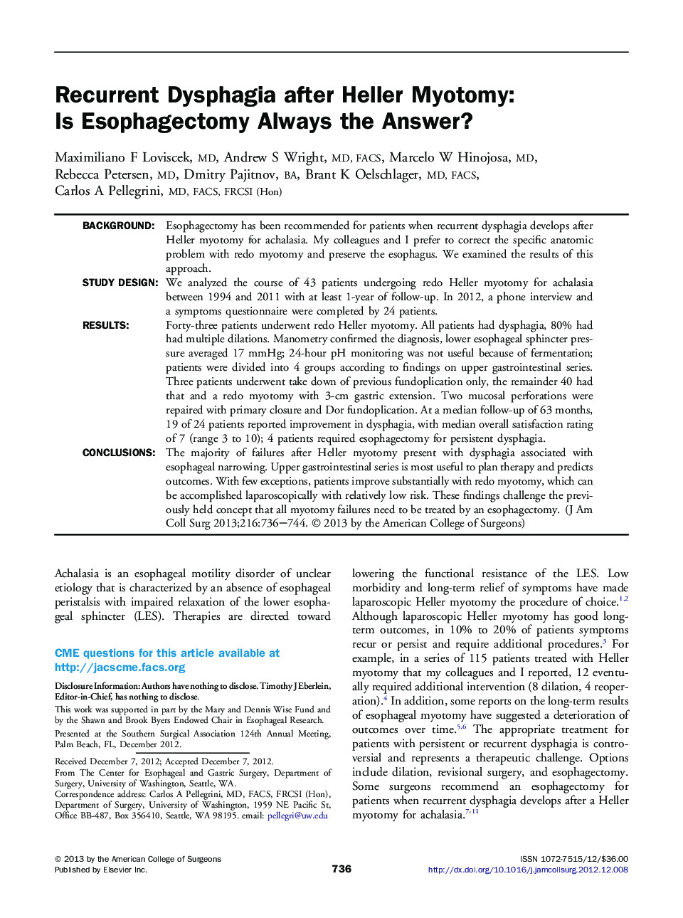 Recurrent Dysphagia after Heller Myotomy: Is Esophagectomy Always the Answer? 