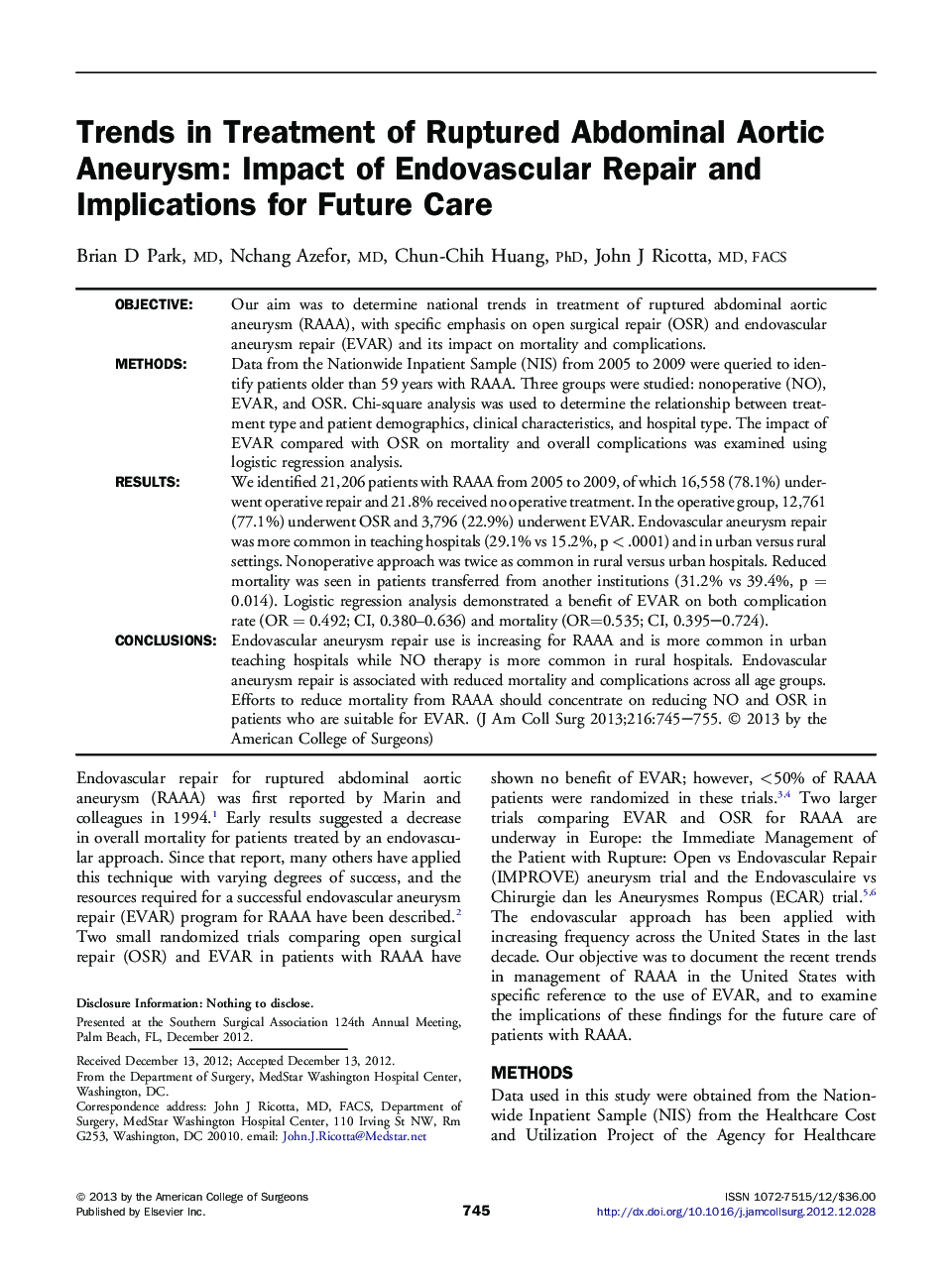 Trends in Treatment of Ruptured Abdominal Aortic Aneurysm: Impact of Endovascular Repair and Implications for Future Care 