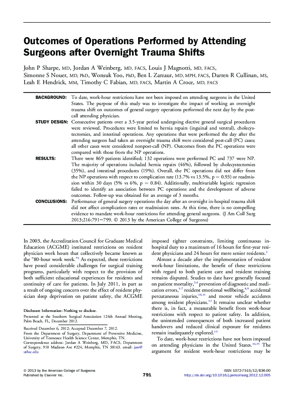 Outcomes of Operations Performed by Attending Surgeons after Overnight Trauma Shifts 