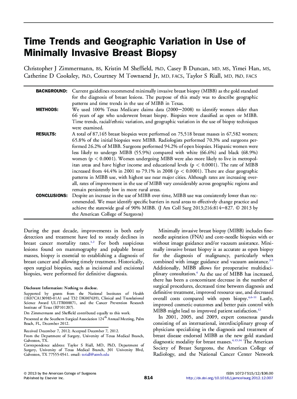 Time Trends and Geographic Variation in Use of Minimally Invasive Breast Biopsy 