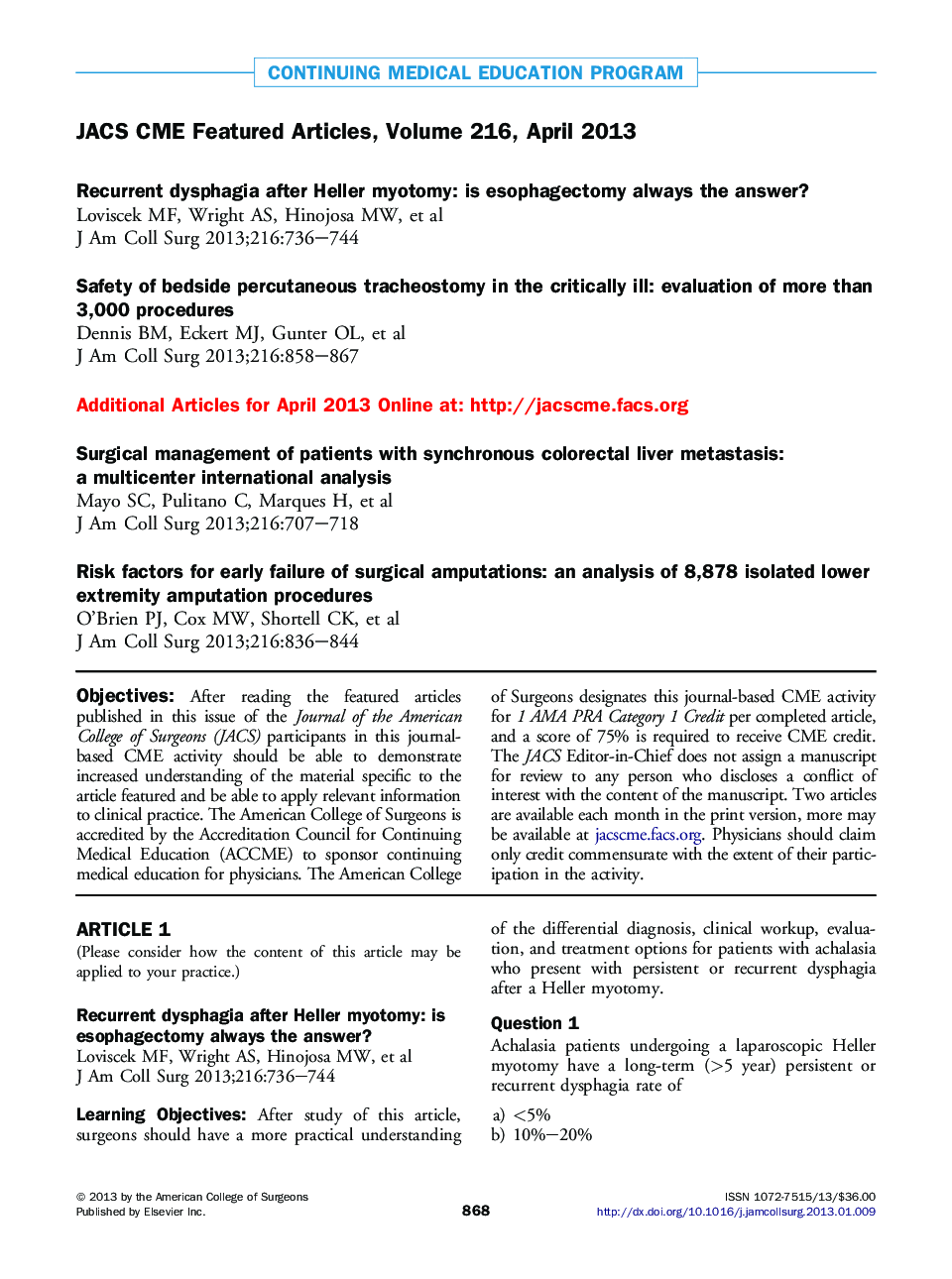 JACS CME Featured Articles, Volume 216, April 2013