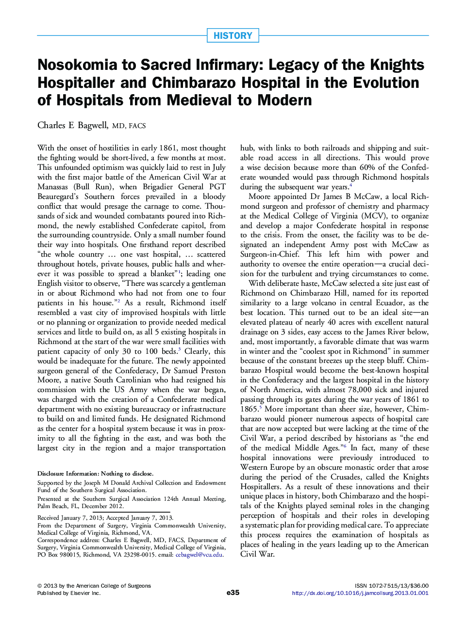 Nosokomia to Sacred Infirmary: Legacy of the Knights Hospitaller and Chimbarazo Hospital in the Evolution of Hospitals from Medieval to Modern