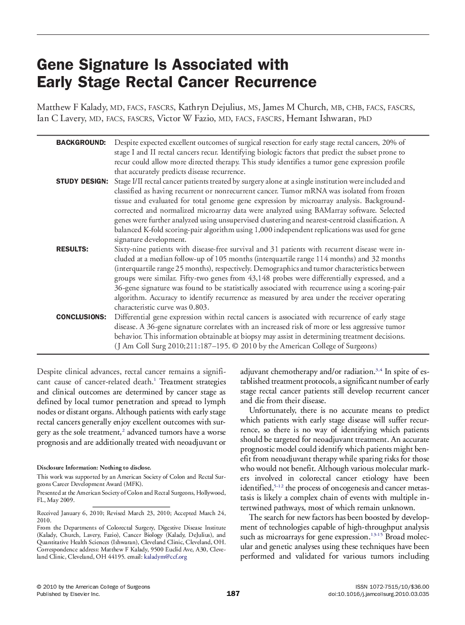 عکس صفحه اول مقاله: Gene Signature Is Associated with Early Stage Rectal Cancer Recurrence Gene Signature Is Associated with Early Stage Rectal Cancer Recurrence