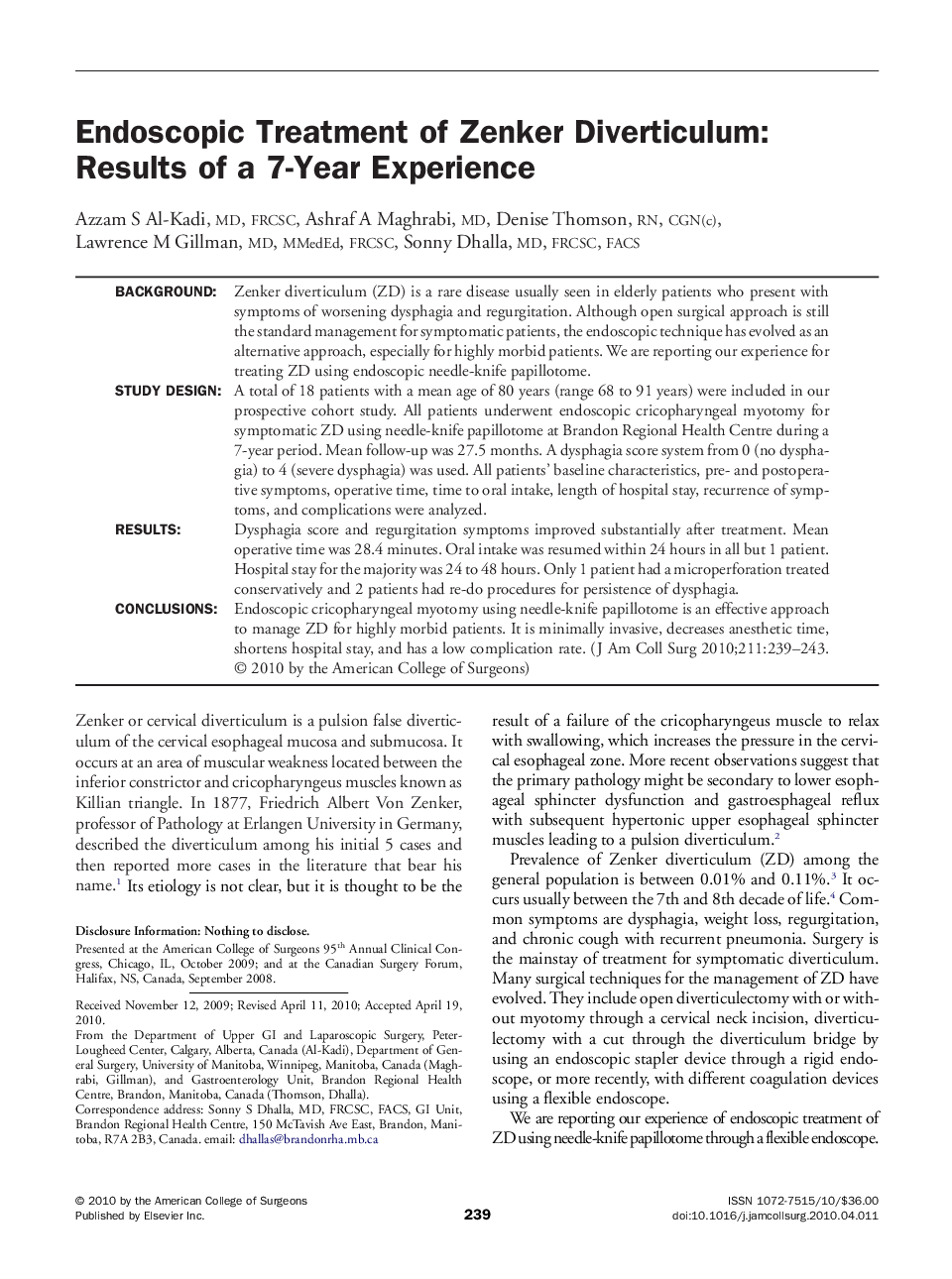 عکس صفحه اول مقاله: Endoscopic Treatment of Zenker Diverticulum: Results of a 7-Year Experience Endoscopic Treatment of Zenker Diverticulum: Results of a 7-Year Experience