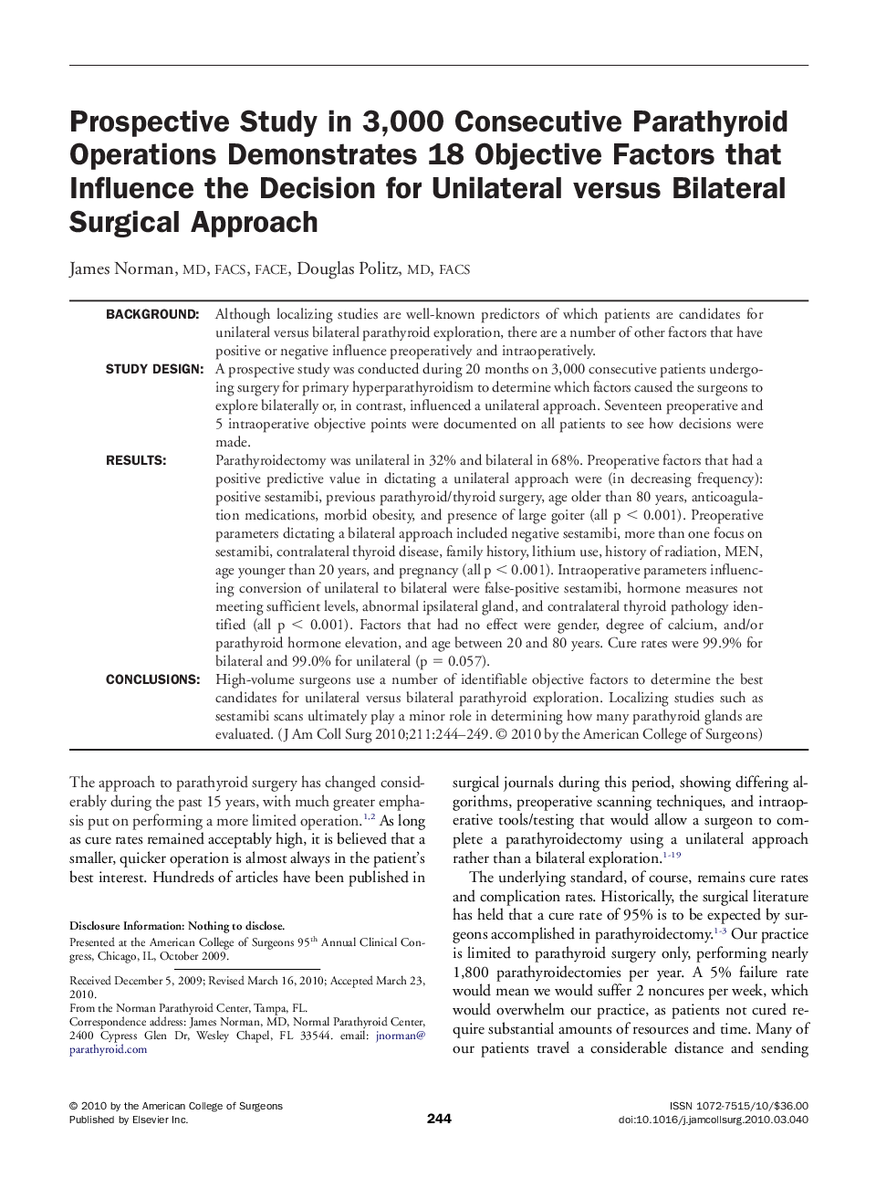 عکس صفحه اول مقاله: Prospective Study in 3,000 Consecutive Parathyroid Operations Demonstrates 18 Objective Factors that Influence the Decision for Unilateral versus Bilateral Surgical Approach Prospective Study in 3,000 Consecutive Parathyroid Operations Demonstrates 18 Objective Factors that Influence the Decision for Unilateral versus Bilateral Surgical Approach