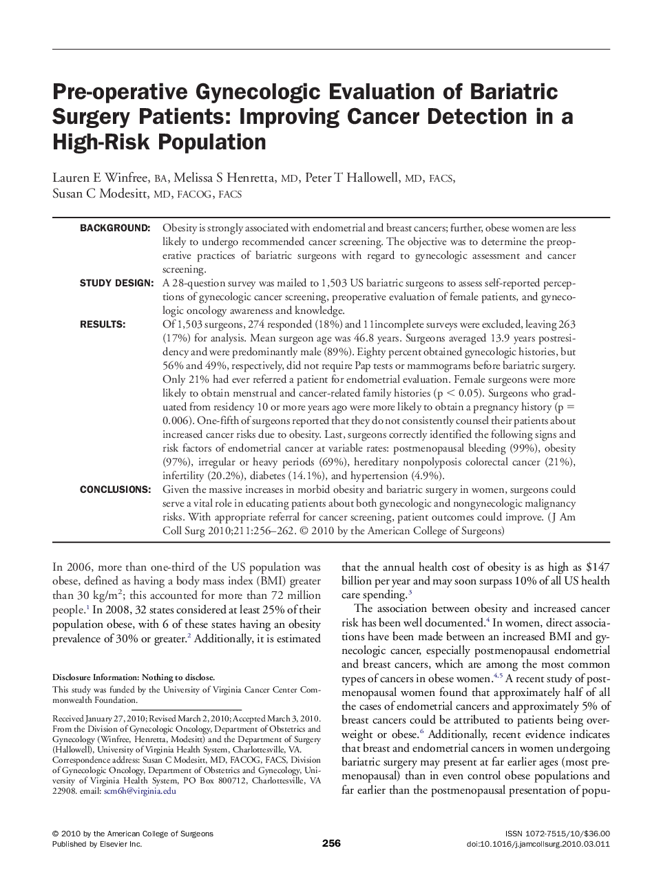 عکس صفحه اول مقاله: Pre-operative Gynecologic Evaluation of Bariatric Surgery Patients: Improving Cancer Detection in a High-Risk Population Pre-operative Gynecologic Evaluation of Bariatric Surgery Patients: Improving Cancer Detection in a High-Risk Population