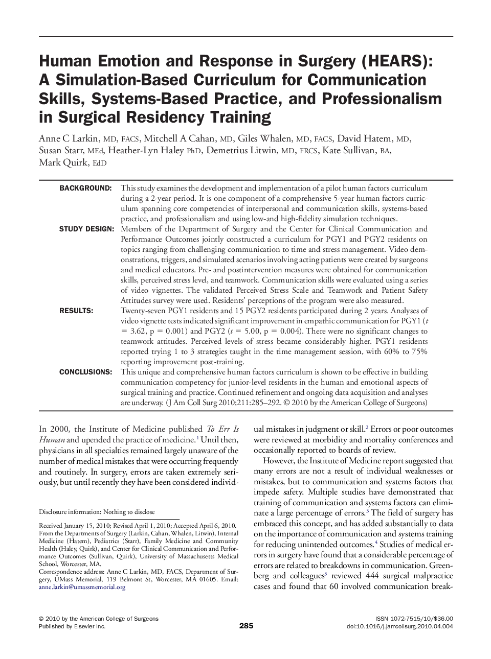 Human Emotion and Response in Surgery (HEARS): A Simulation-Based Curriculum for Communication Skills, Systems-Based Practice, and Professionalism in Surgical Residency Training 
