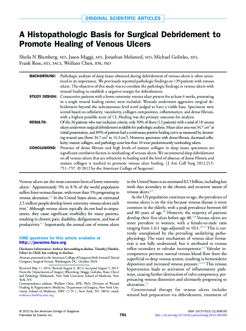 A Histopathologic Basis for Surgical Debridement to Promote Healing of Venous Ulcers 