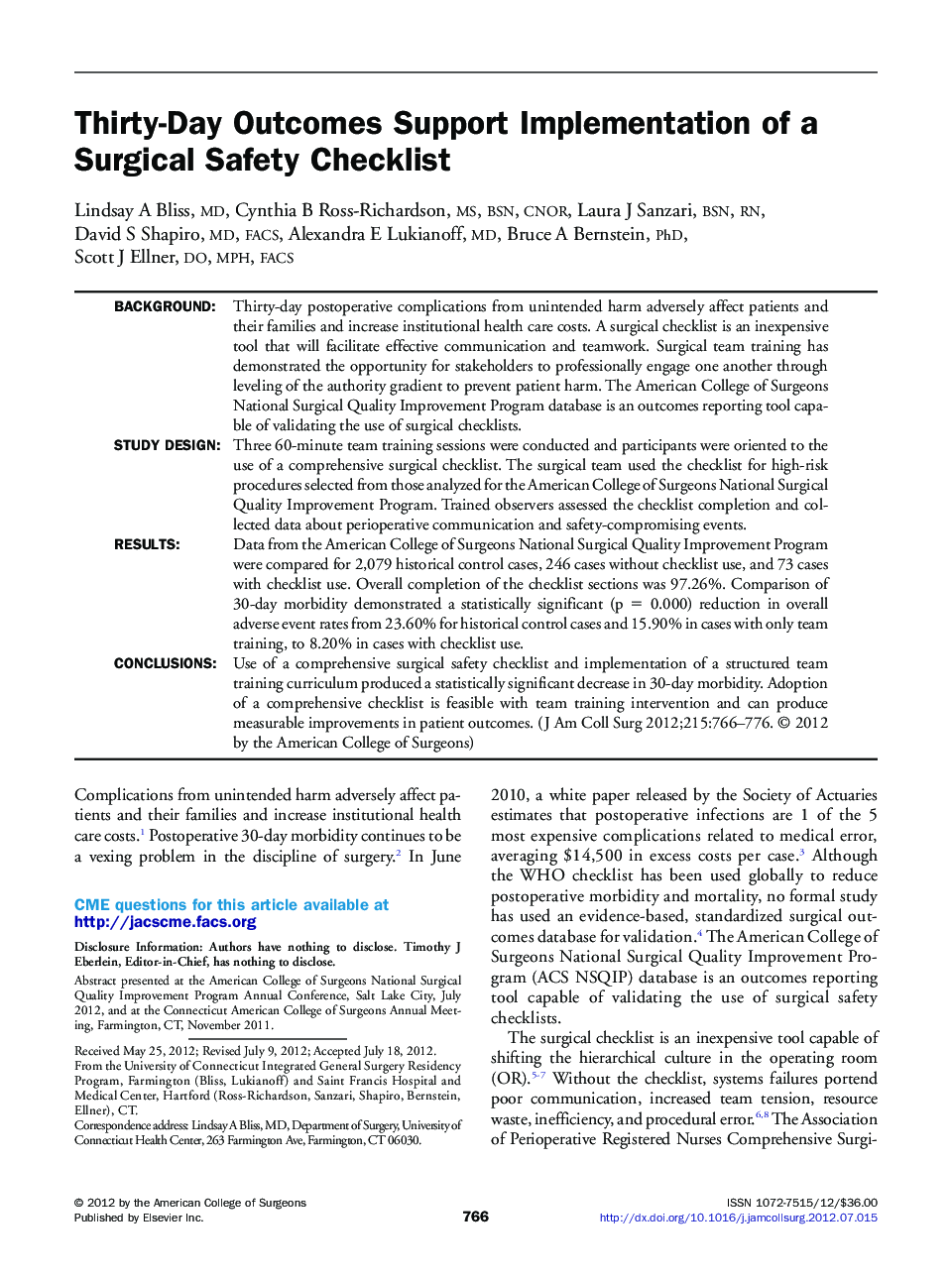 Thirty-Day Outcomes Support Implementation of a Surgical Safety Checklist 