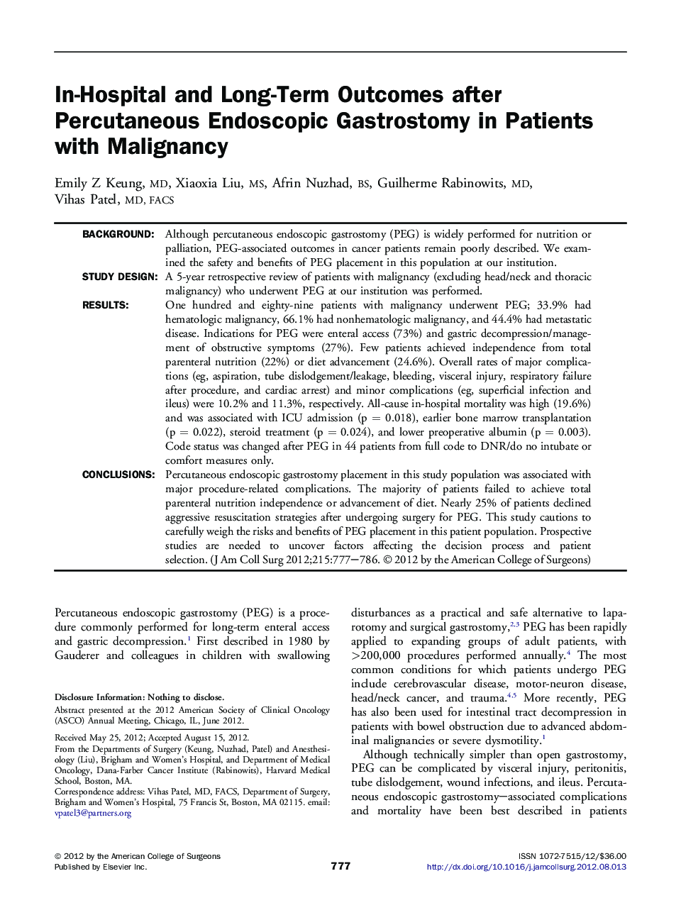 In-Hospital and Long-Term Outcomes after Percutaneous Endoscopic Gastrostomy in Patients with Malignancy 