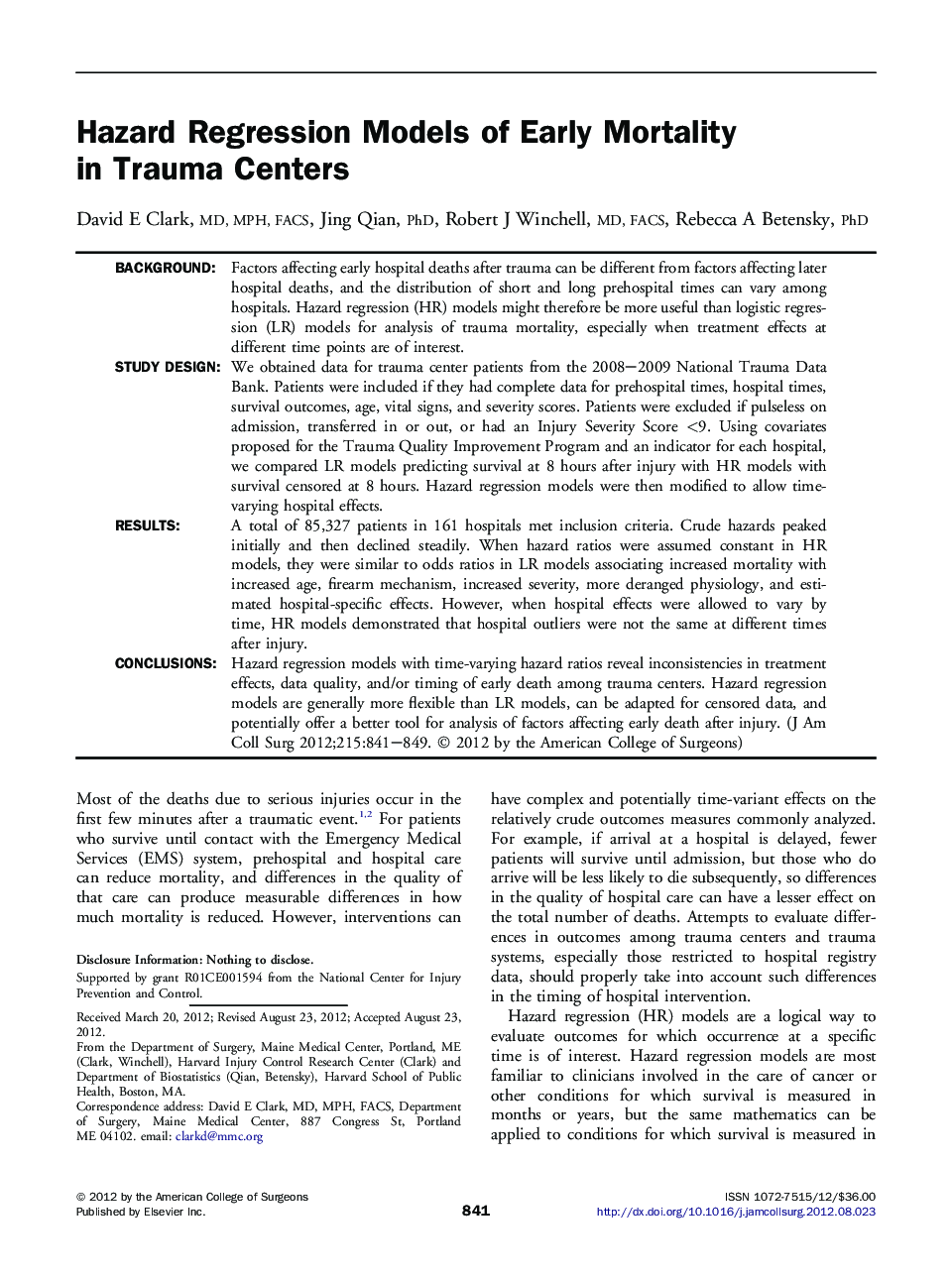 Hazard Regression Models of Early Mortality in Trauma Centers 