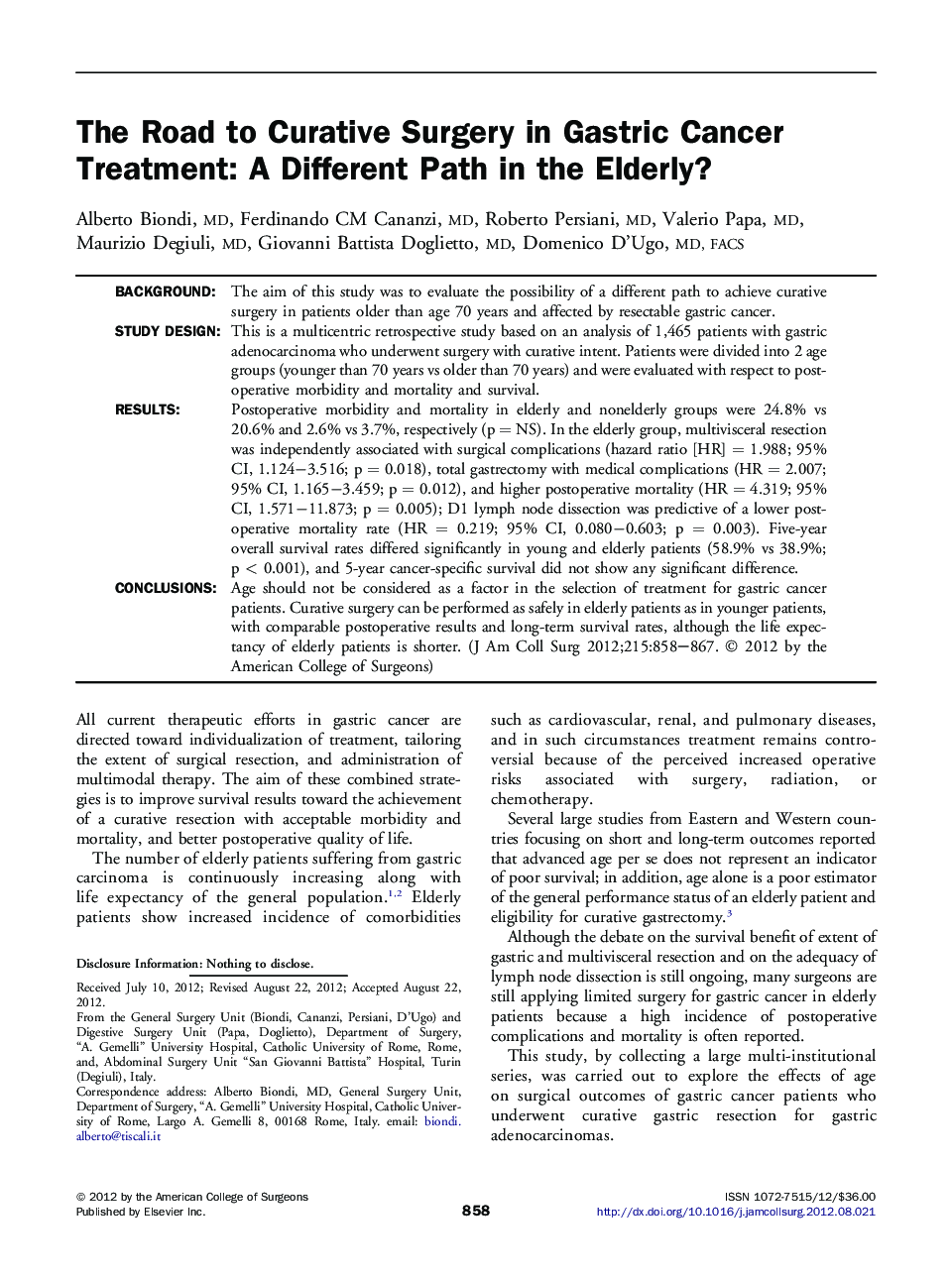 The Road to Curative Surgery in Gastric Cancer Treatment: A Different Path in the Elderly? 