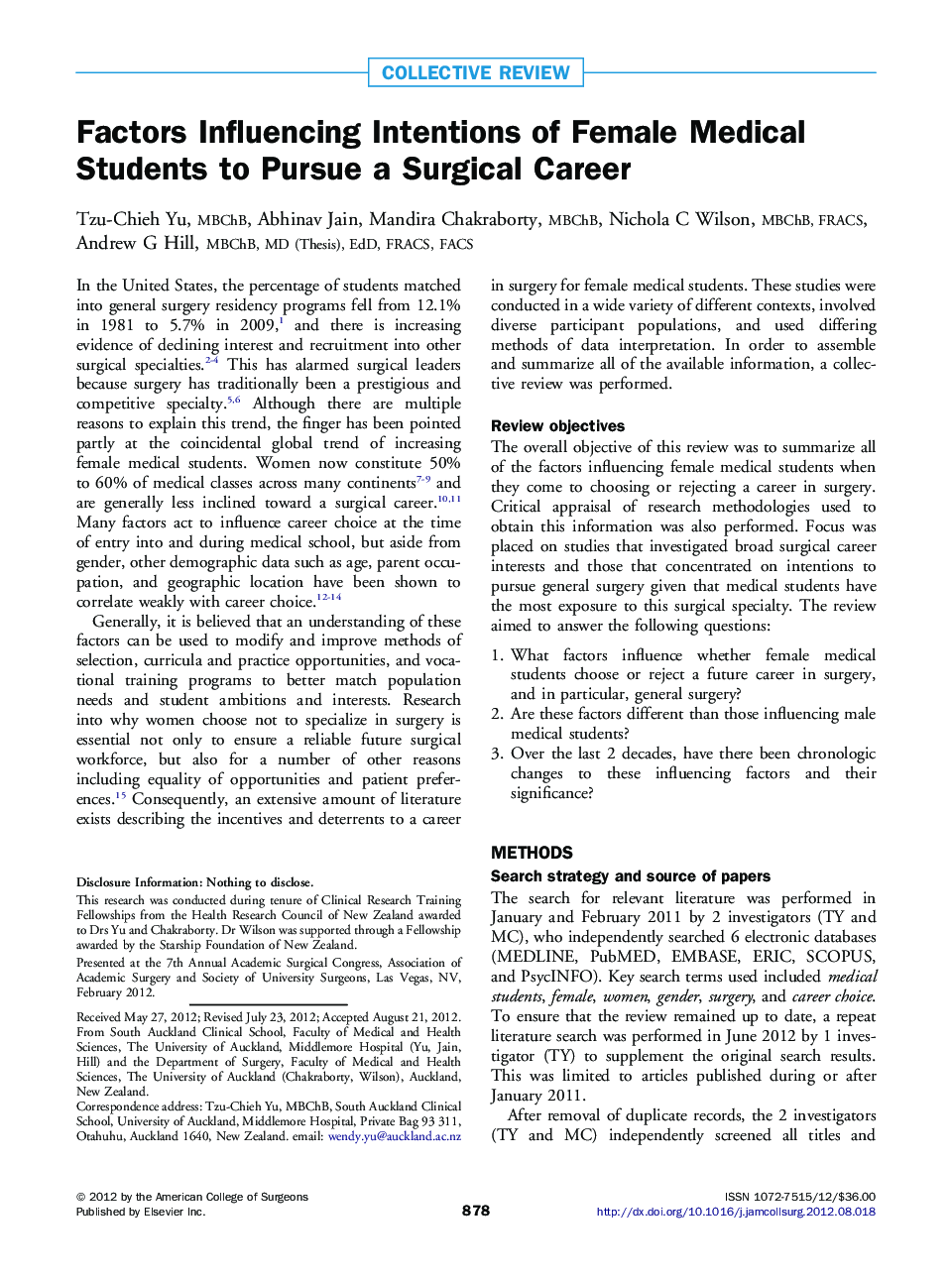 Factors Influencing Intentions of Female Medical Students to Pursue a Surgical Career