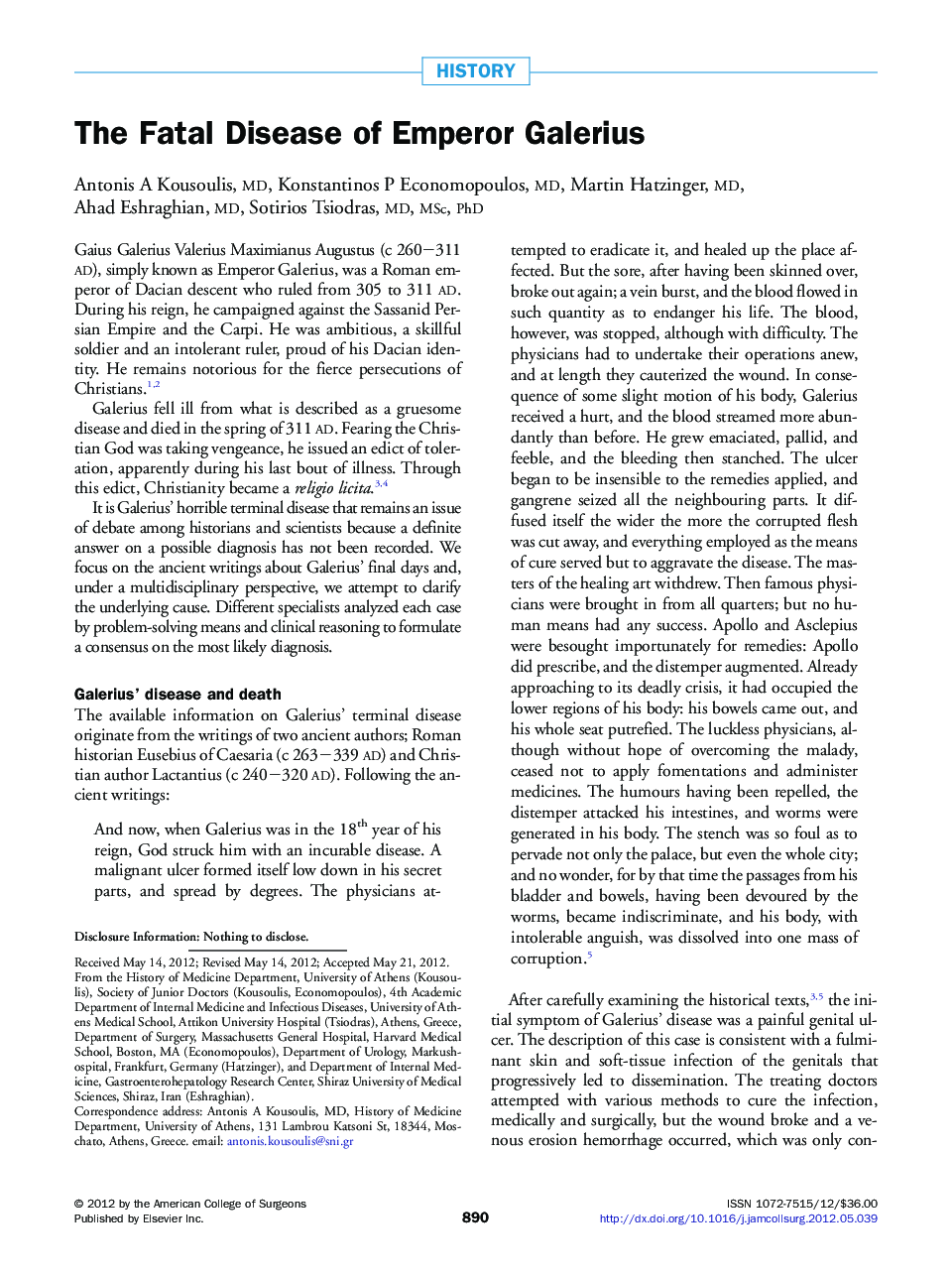 The Fatal Disease of Emperor Galerius