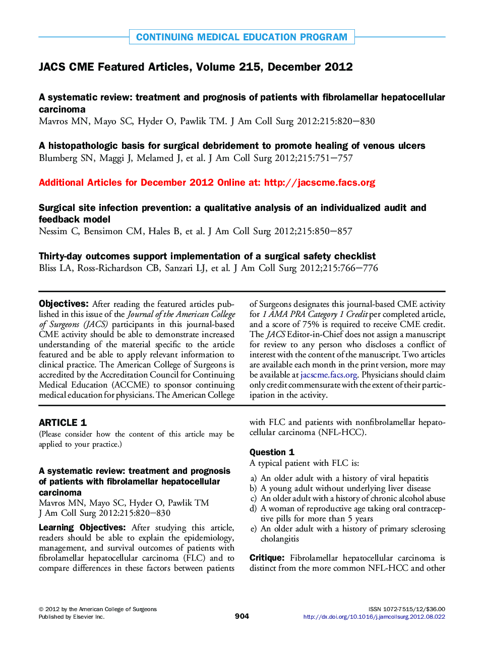 JACS CME Featured Articles, Volume 215, December 2012