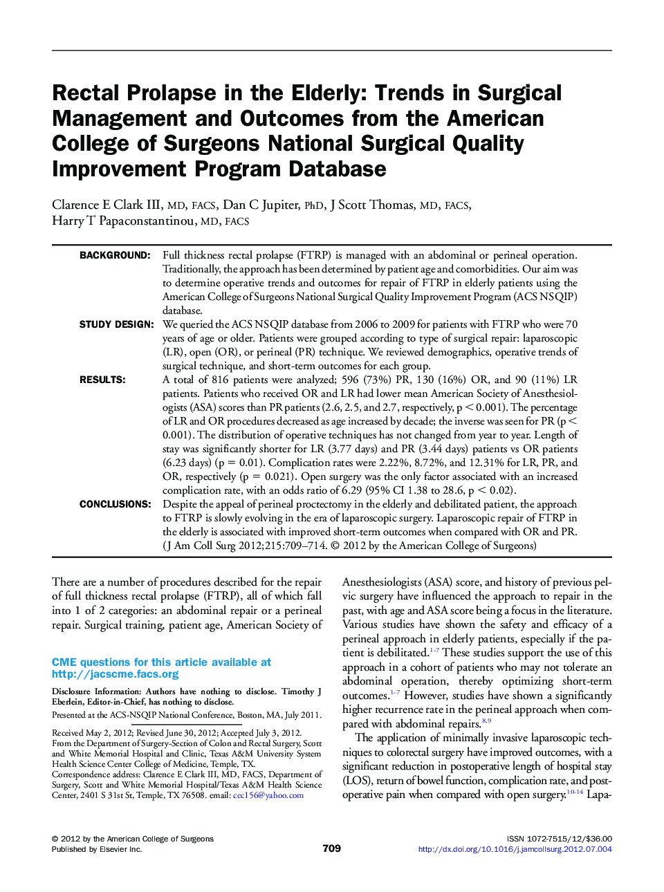 Rectal Prolapse in the Elderly: Trends in Surgical Management and Outcomes from the American College of Surgeons National Surgical Quality Improvement Program Database 