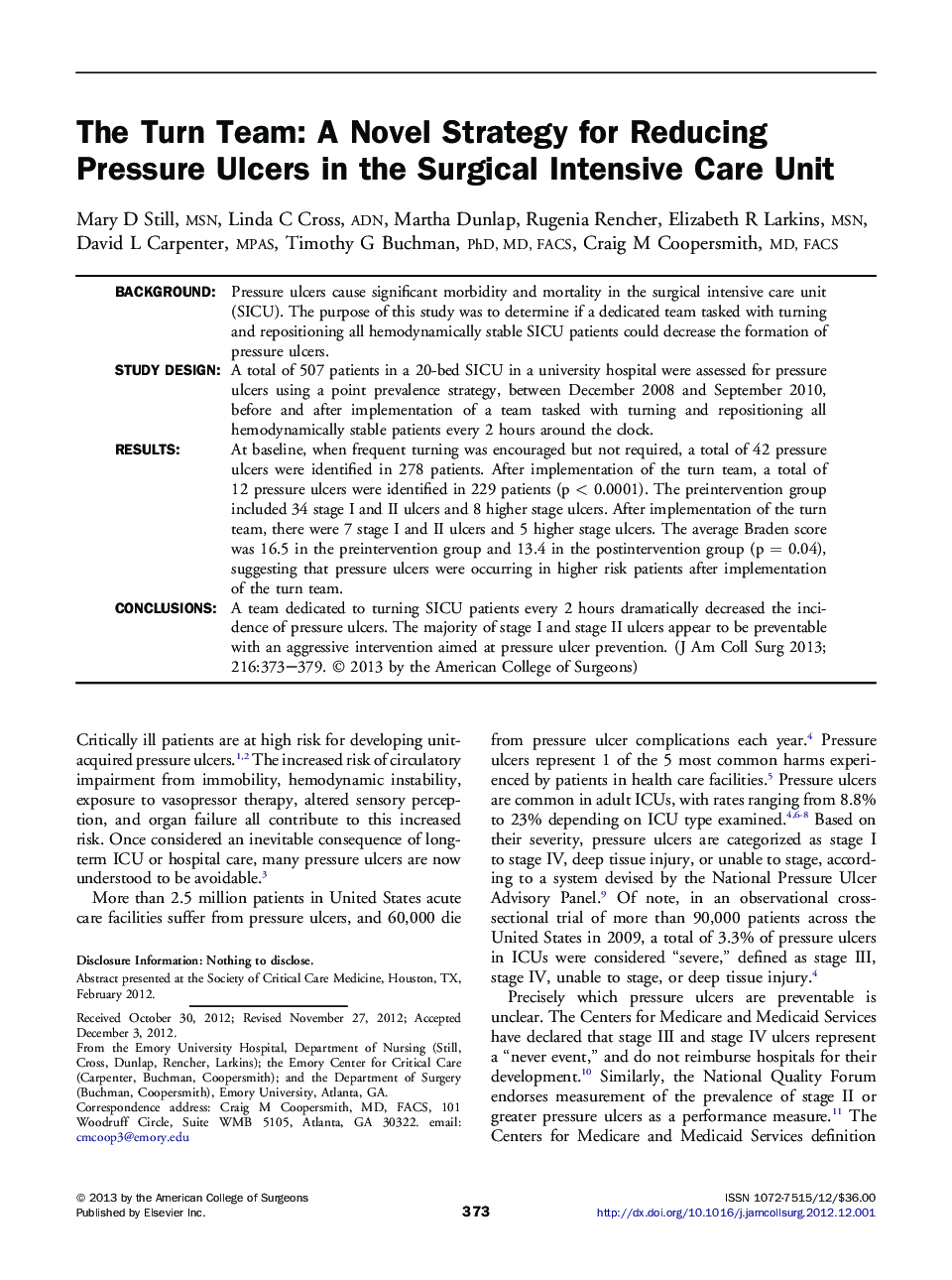 The Turn Team: A Novel Strategy for Reducing Pressure Ulcers in the Surgical Intensive Care Unit 