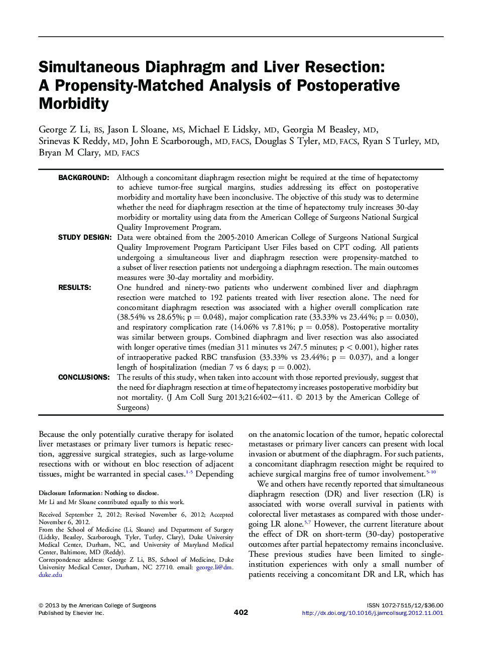 Simultaneous Diaphragm and Liver Resection: A Propensity-Matched Analysis of Postoperative Morbidity 