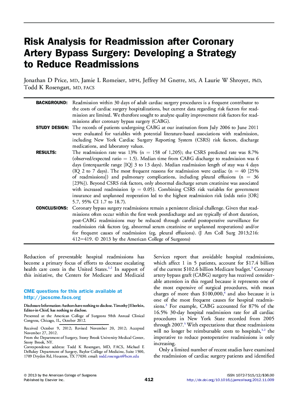 Risk Analysis for Readmission after Coronary Artery Bypass Surgery: Developing a Strategy to Reduce Readmissions 