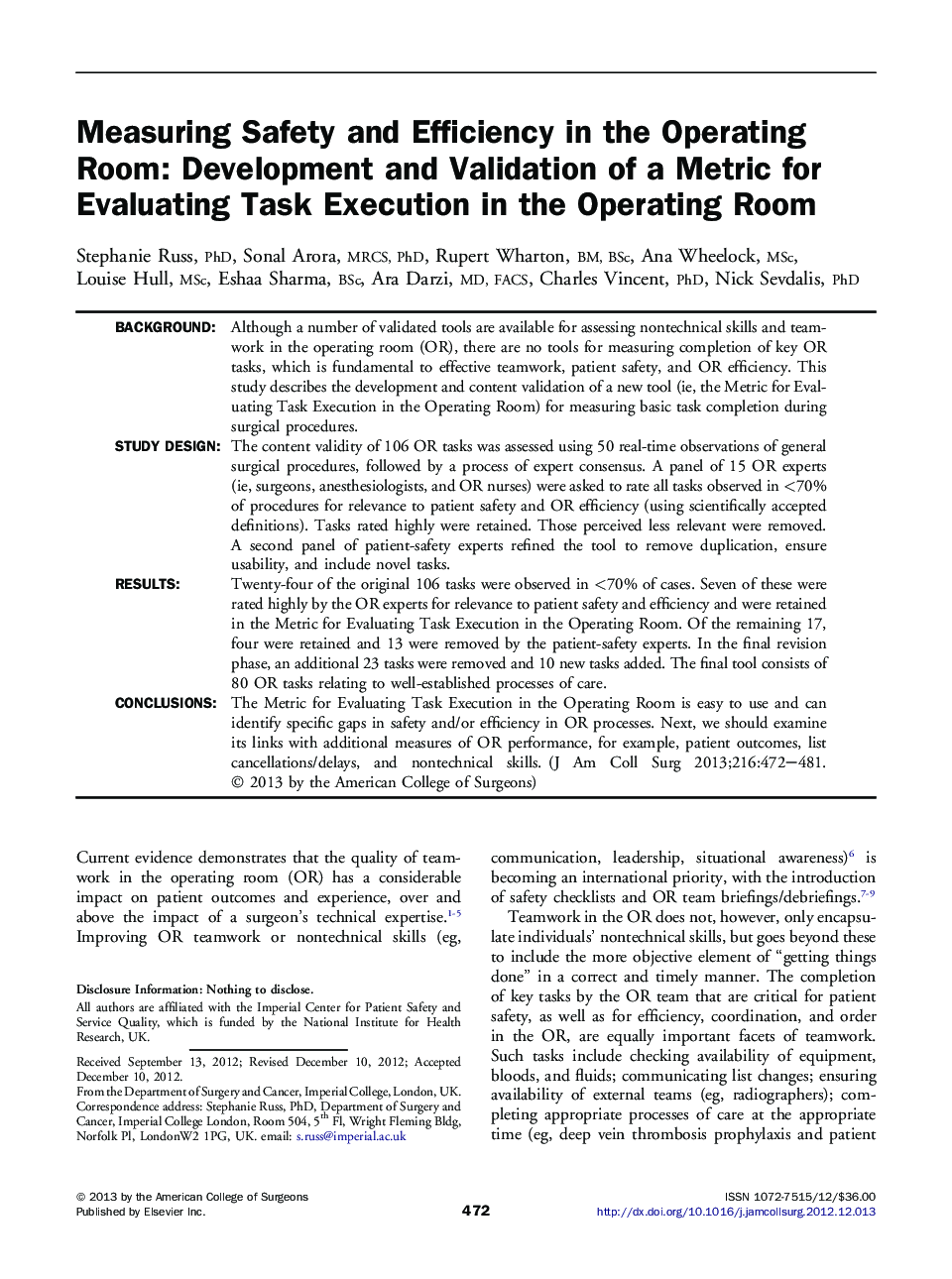 Measuring Safety and Efficiency in the Operating Room: Development and Validation of a Metric for Evaluating Task Execution in the Operating Room 