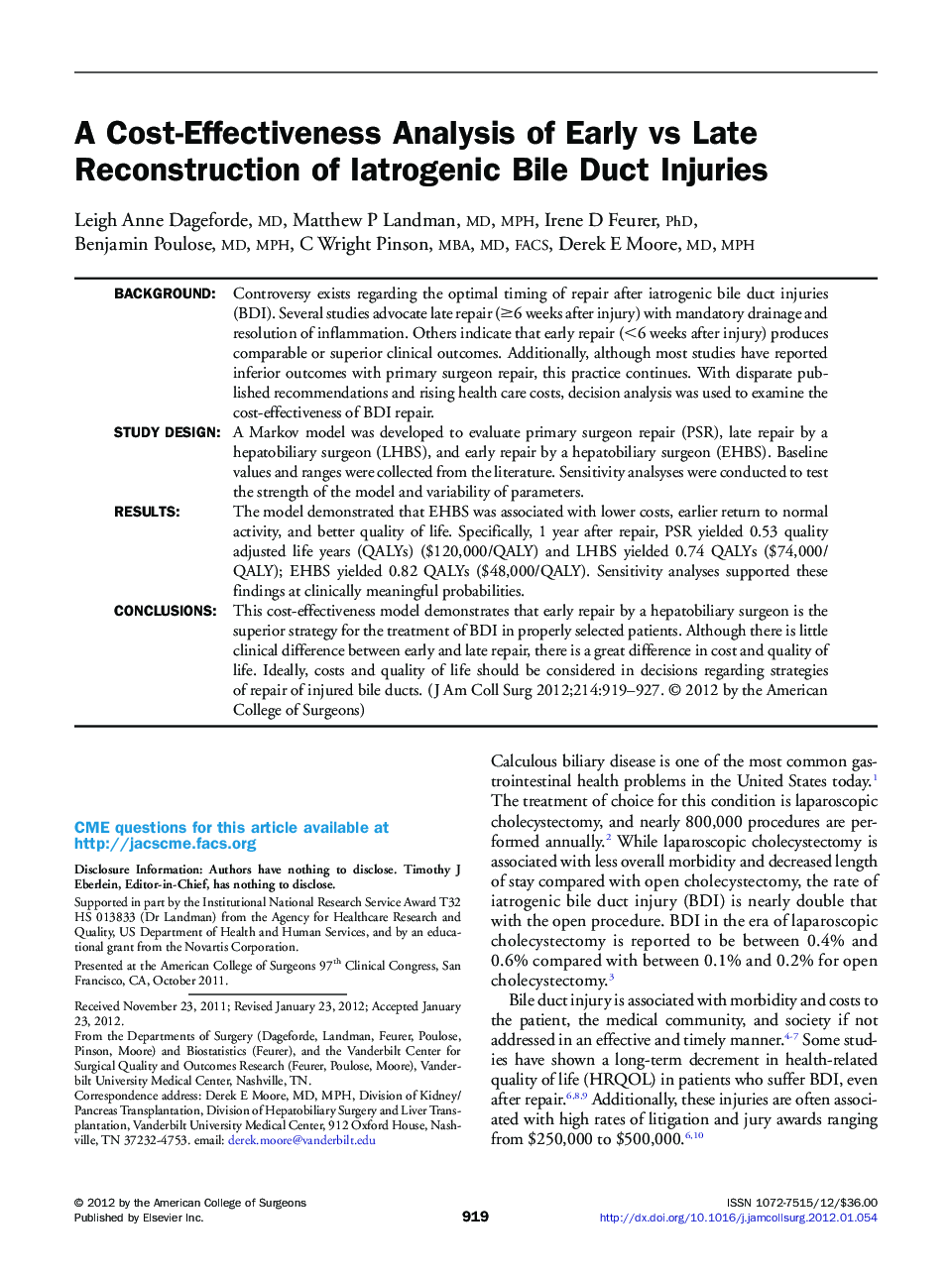 A Cost-Effectiveness Analysis of Early vs Late Reconstruction of Iatrogenic Bile Duct Injuries 