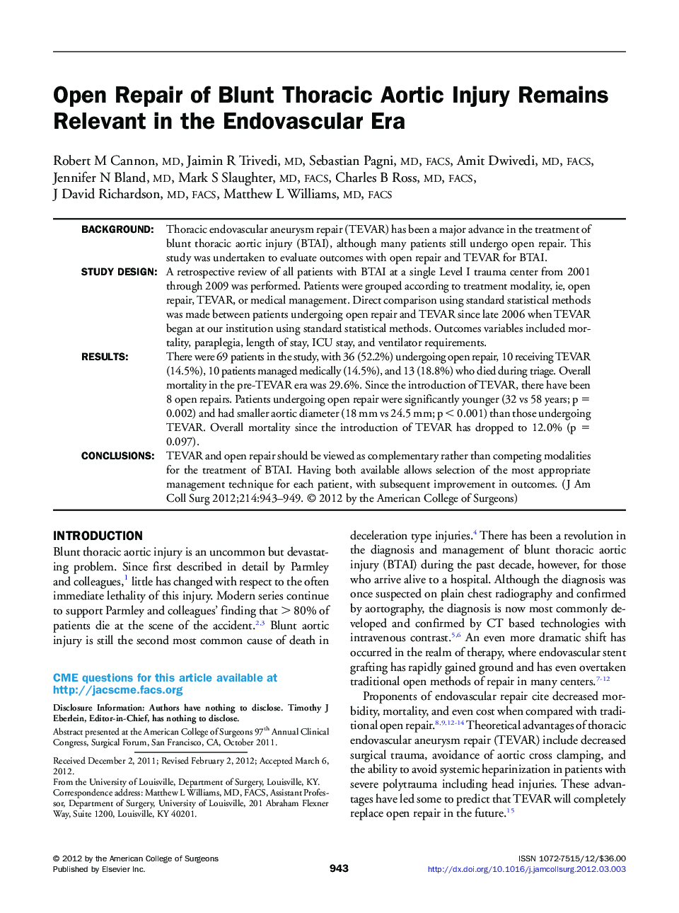 Open Repair of Blunt Thoracic Aortic Injury Remains Relevant in the Endovascular Era 
