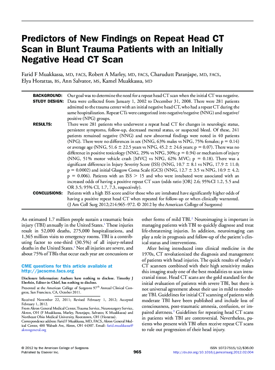 Predictors of New Findings on Repeat Head CT Scan in Blunt Trauma Patients with an Initially Negative Head CT Scan 