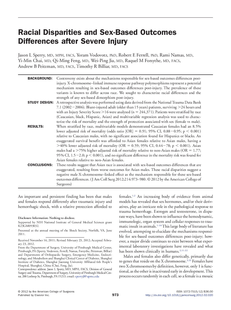 Racial Disparities and Sex-Based Outcomes Differences after Severe Injury 