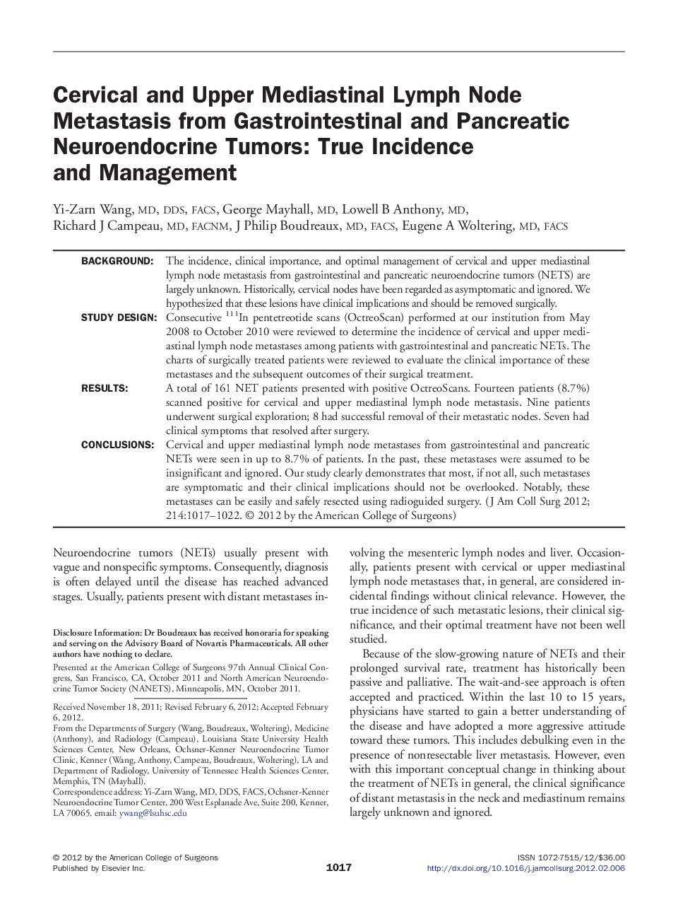 Cervical and Upper Mediastinal Lymph Node Metastasis from Gastrointestinal and Pancreatic Neuroendocrine Tumors: True Incidence and Management 