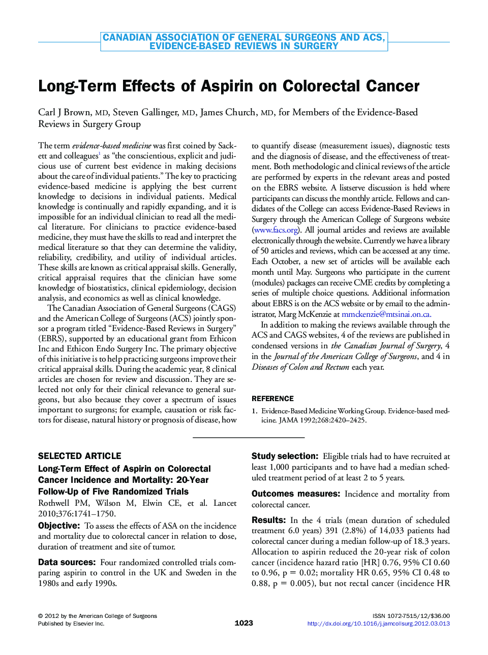 Long-Term Effects of Aspirin on Colorectal Cancer