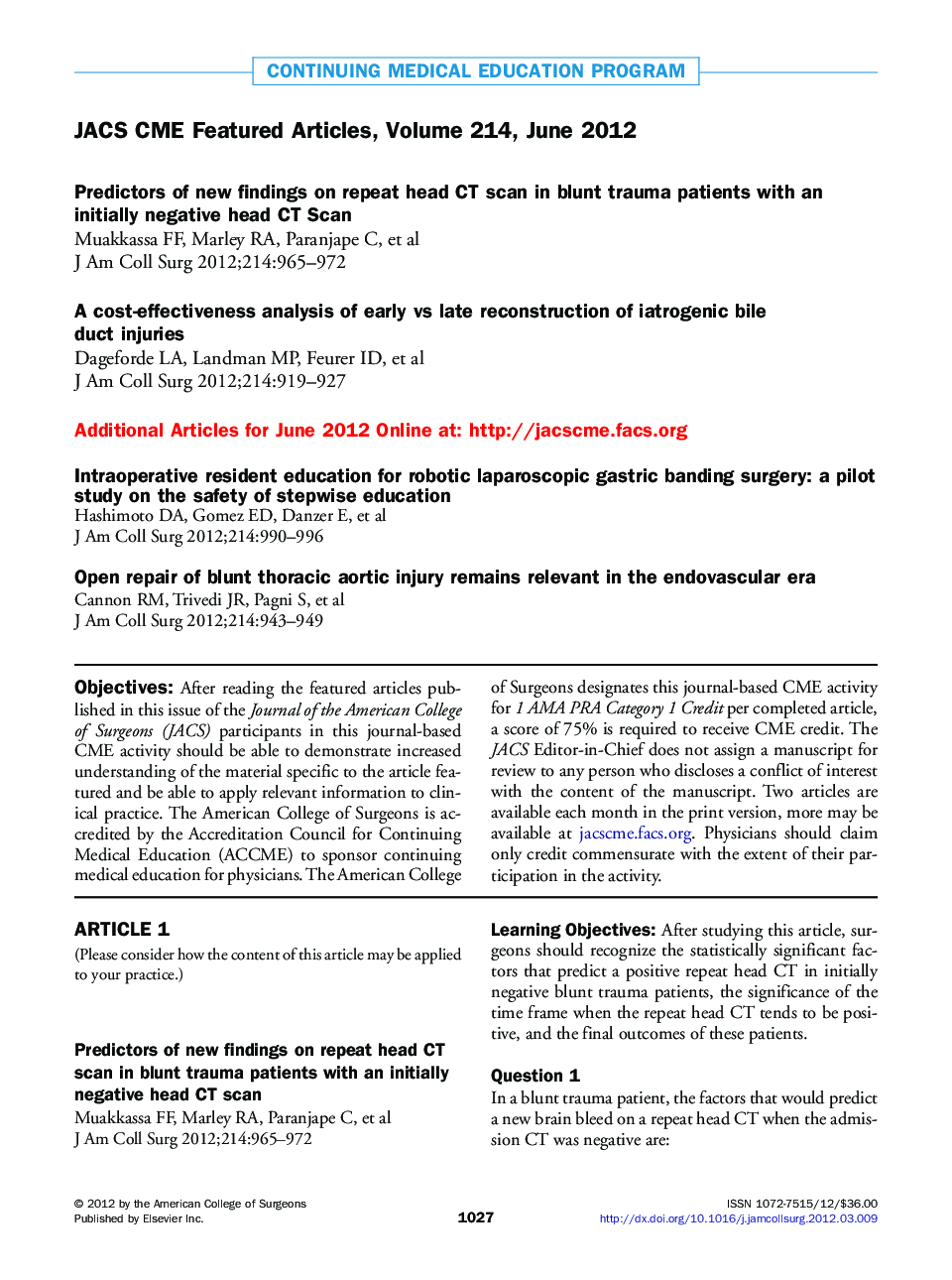 JACS CME Featured Articles, Volume 214, June 2012