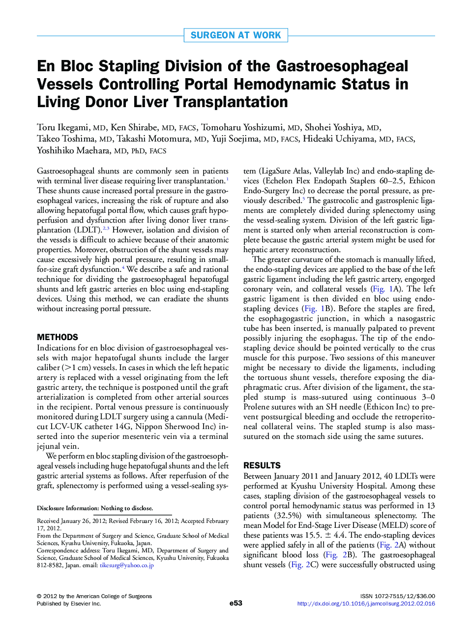 En Bloc Stapling Division of the Gastroesophageal Vessels Controlling Portal Hemodynamic Status in Living Donor Liver Transplantation