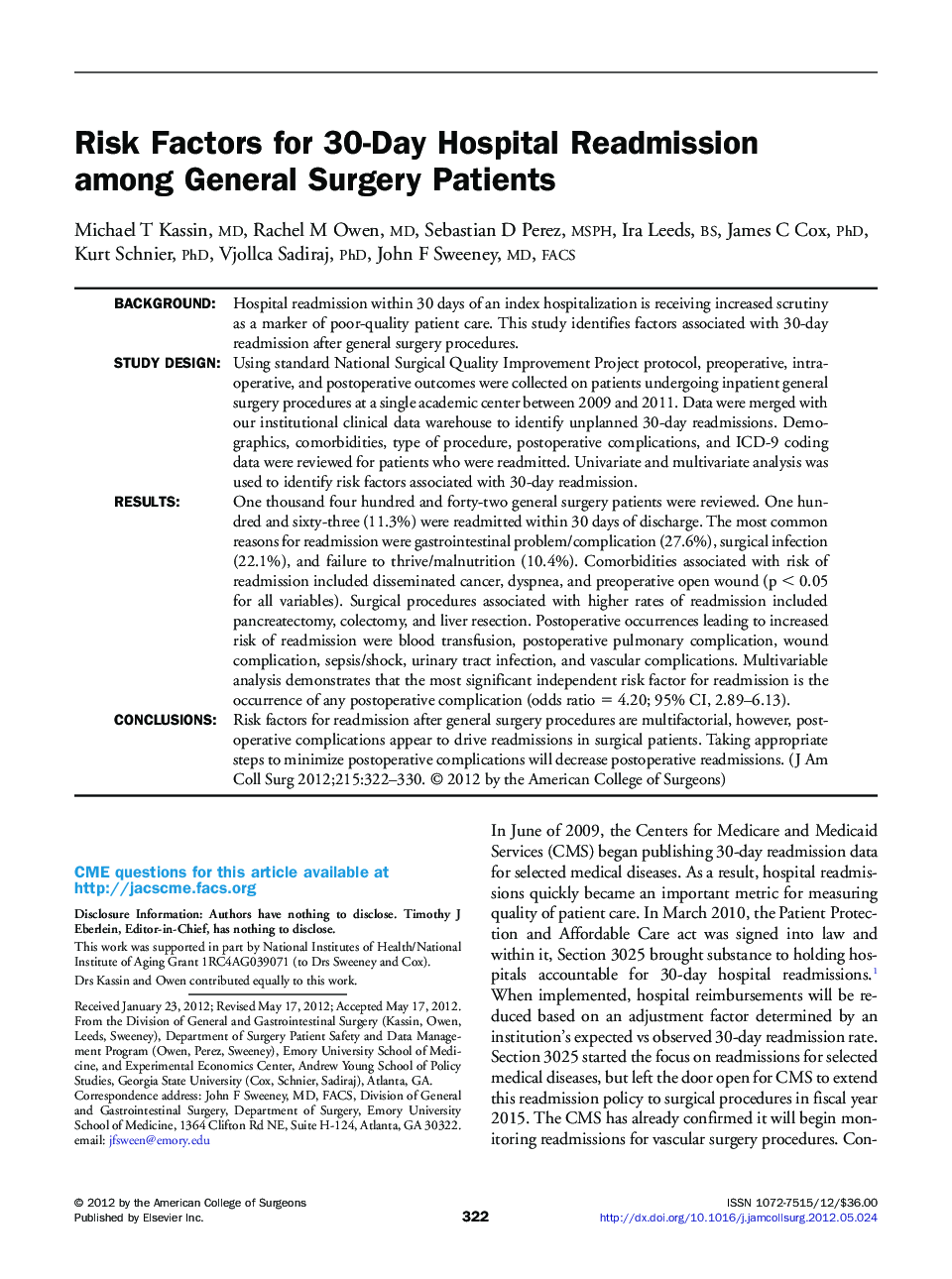 Risk Factors for 30-Day Hospital Readmission among General Surgery Patients 