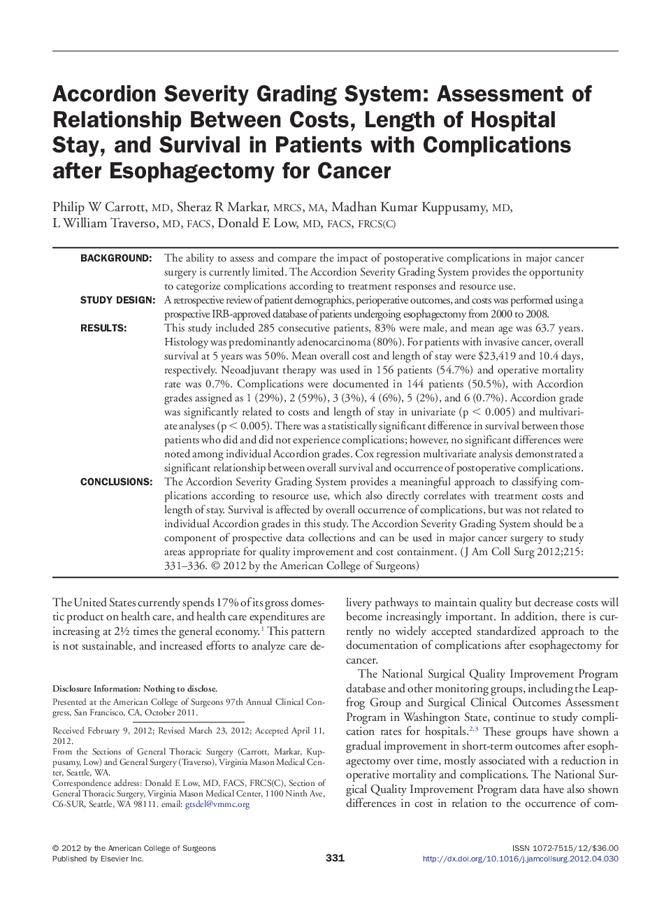 Accordion Severity Grading System: Assessment of Relationship Between Costs, Length of Hospital Stay, and Survival in Patients with Complications after Esophagectomy for Cancer 