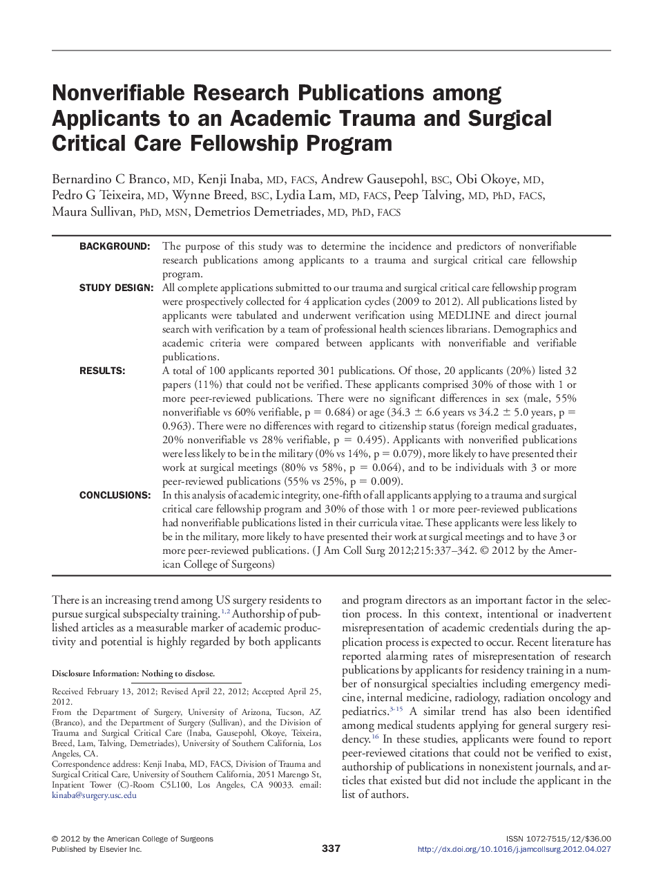 Nonverifiable Research Publications among Applicants to an Academic Trauma and Surgical Critical Care Fellowship Program 