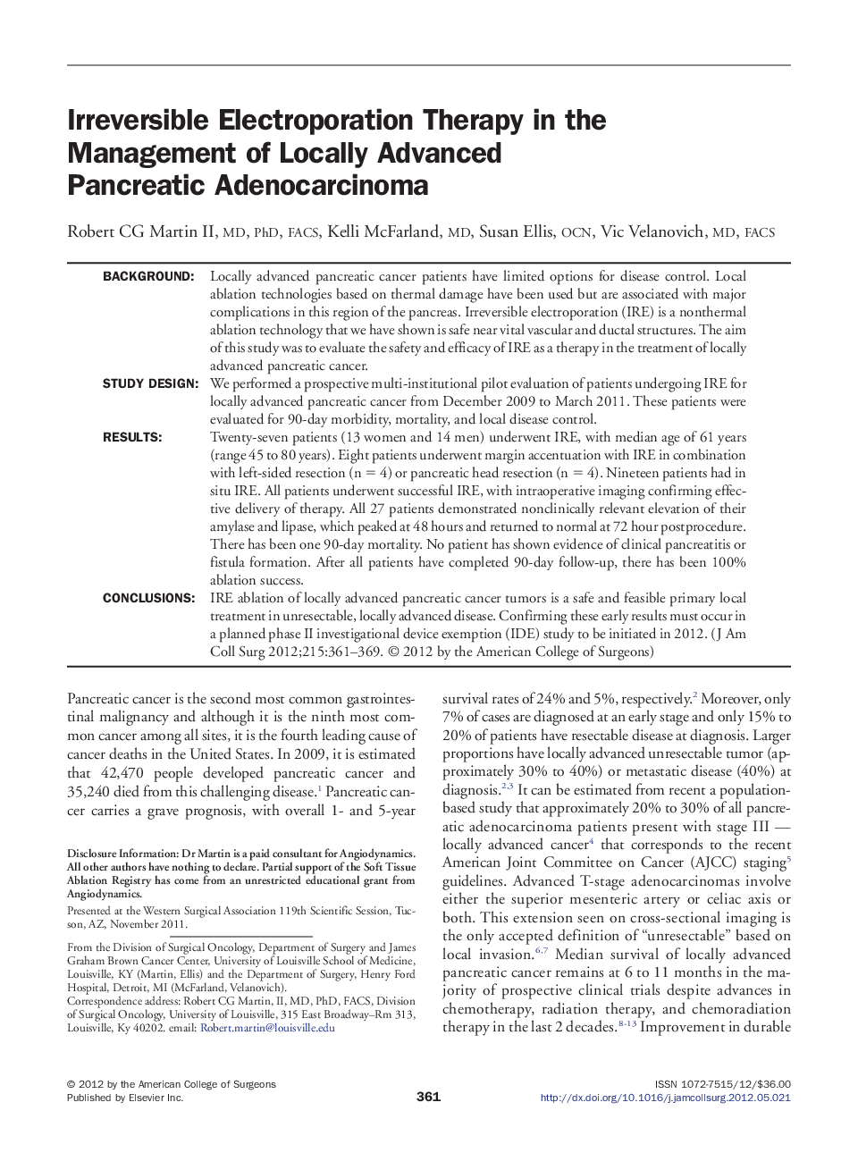 Irreversible Electroporation Therapy in the Management of Locally Advanced Pancreatic Adenocarcinoma 