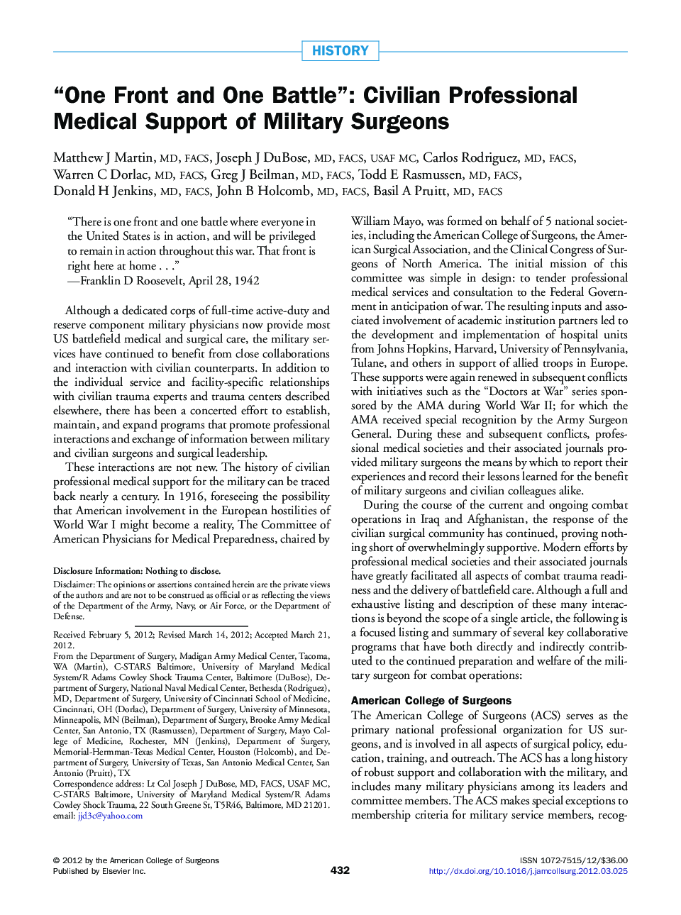 “One Front and One Battle”: Civilian Professional Medical Support of Military Surgeons