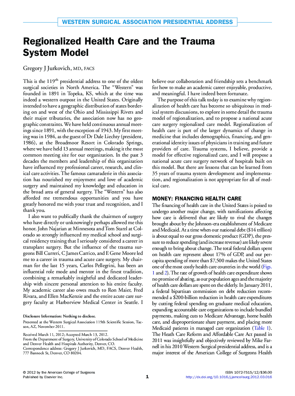 Regionalized Health Care and the Trauma System Model