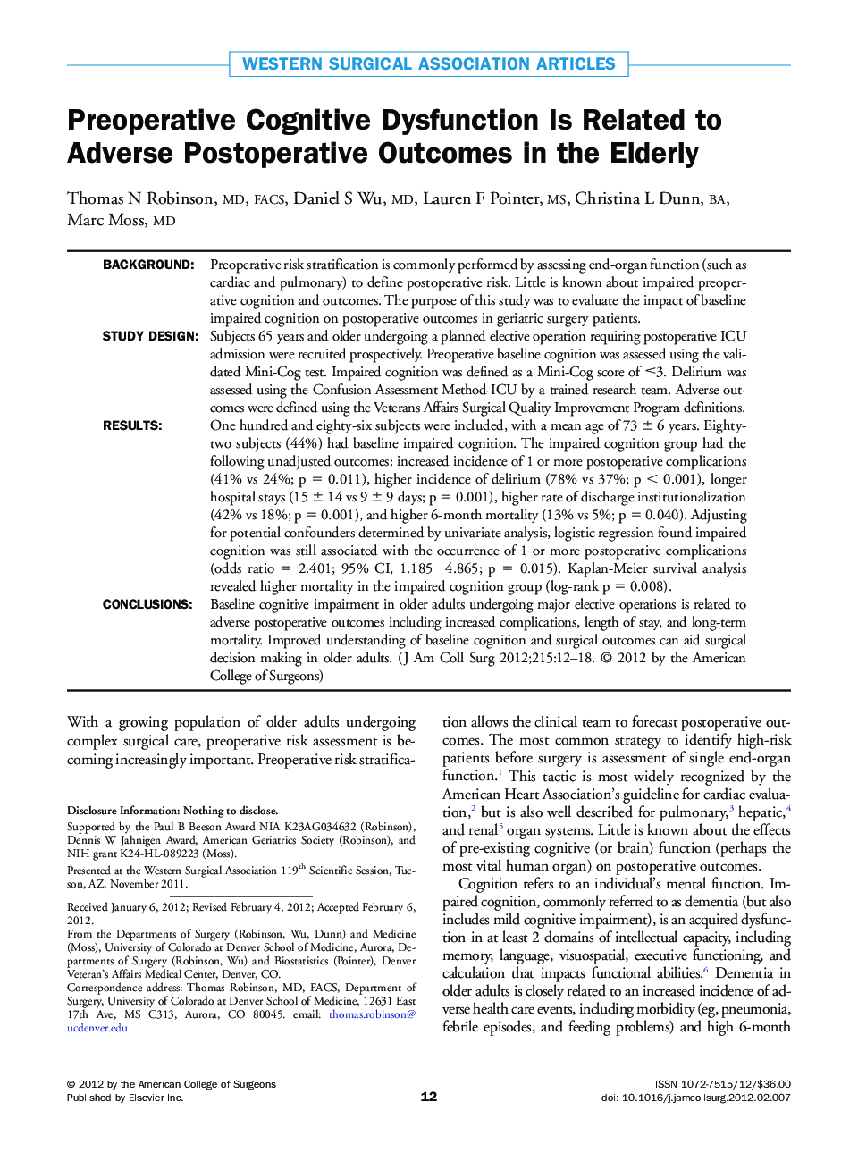 Preoperative Cognitive Dysfunction Is Related to Adverse Postoperative Outcomes in the Elderly 