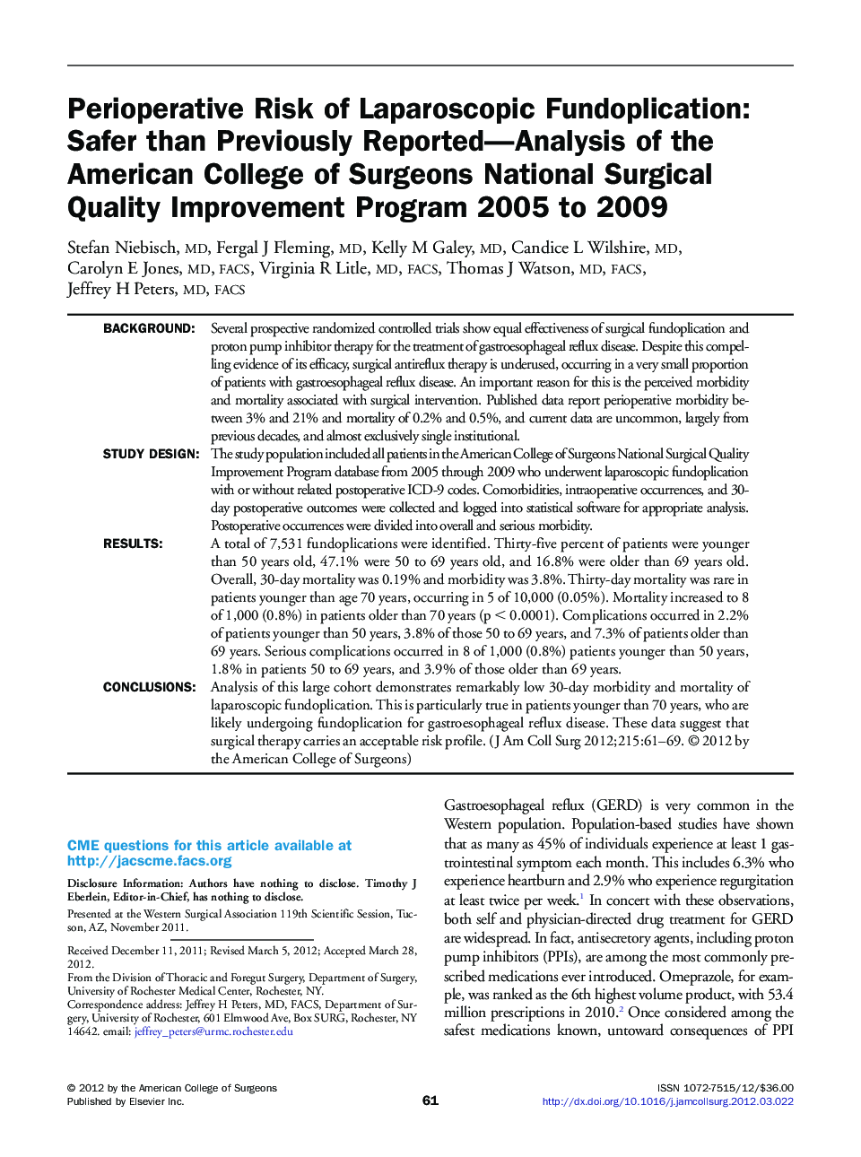 Perioperative Risk of Laparoscopic Fundoplication: Safer than Previously Reported—Analysis of the American College of Surgeons National Surgical Quality Improvement Program 2005 to 2009 