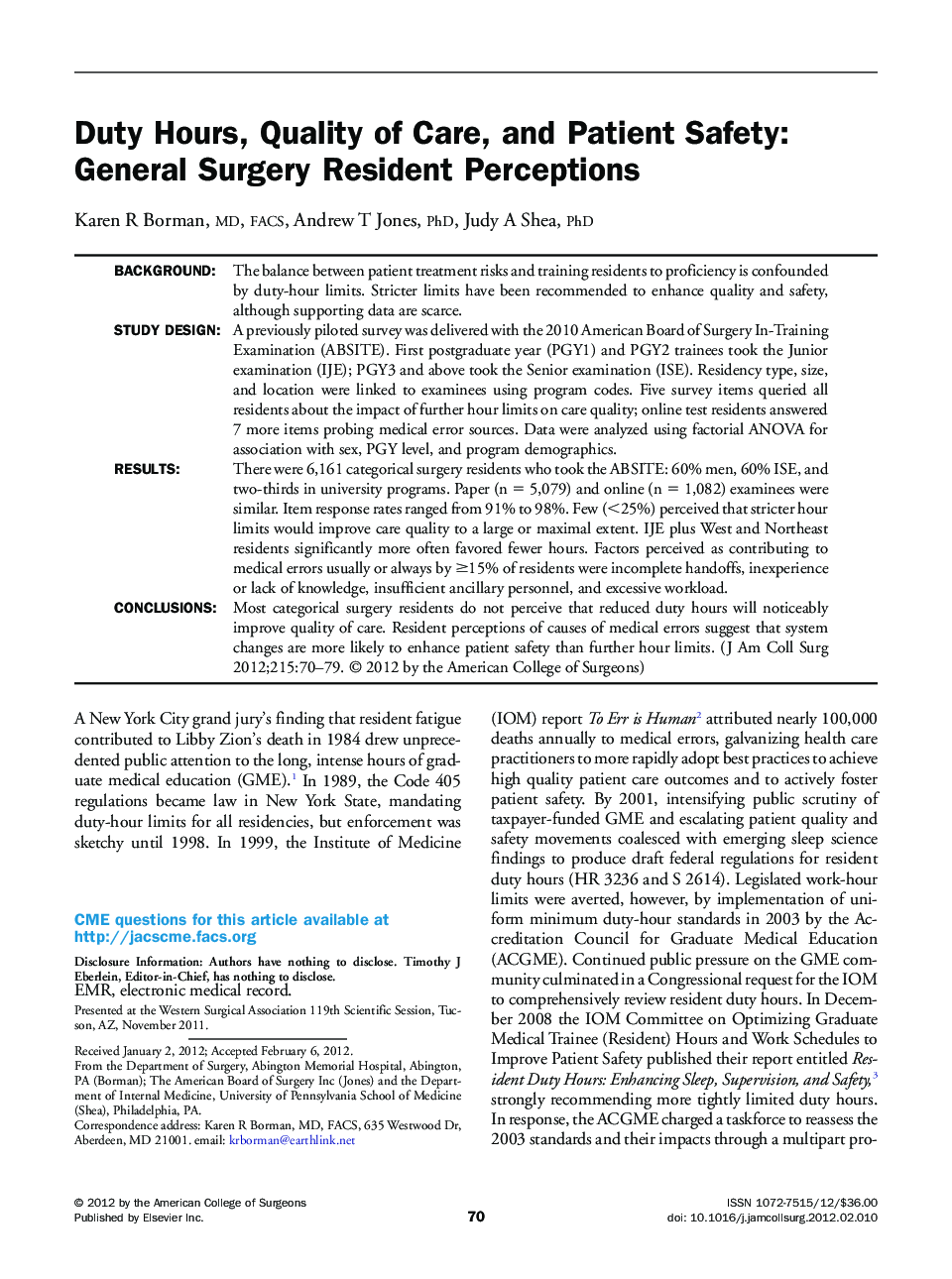 Duty Hours, Quality of Care, and Patient Safety: General Surgery Resident Perceptions 